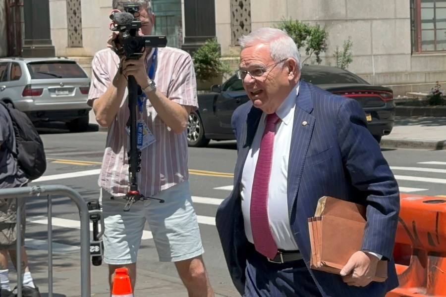 U.S. Sen. Bob Menendez, who is accused of taking bribes of cash, gold bars and a luxury car in exchange for favors performed for several New Jersey businessmen, arrives at Federal Court, in New York, Monday, June 3, 2024. (AP Photo/Larry Neumeister)