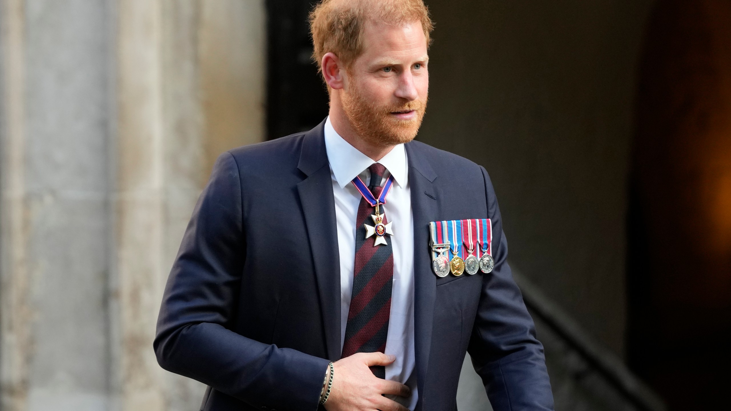 FILE - Britain's Prince Harry leaves after attending an Invictus Games Foundation 10th Anniversary Service of Thanksgiving at St Paul's Cathedral in London, Wednesday, May 8, 2024. Prince Harry has been given permission to appeal the British government's rejection of his police protection detail in the U.K. (AP Photo/Kirsty Wigglesworth, File)