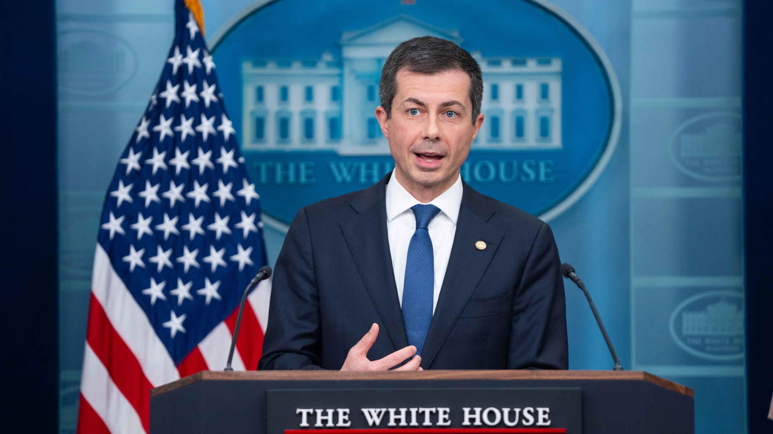 FILE - Transportation Secretary Pete Buttigieg speaks during a press briefing at the White House, March 27, 2024, in Washington. New vehicles sold in the U.S. will have to average about 38 miles per gallon of gasoline in 2031 in real world driving, up from about 29 mpg this year, under new federal rules unveiled Friday, June 7, 2024, by the Biden administration. "Not only will these new standards save Americans money at the pump every time they fill up, they will also decrease harmful pollution and make America less reliant on foreign oil," Buttigieg said. (AP Photo/Evan Vucci, File)