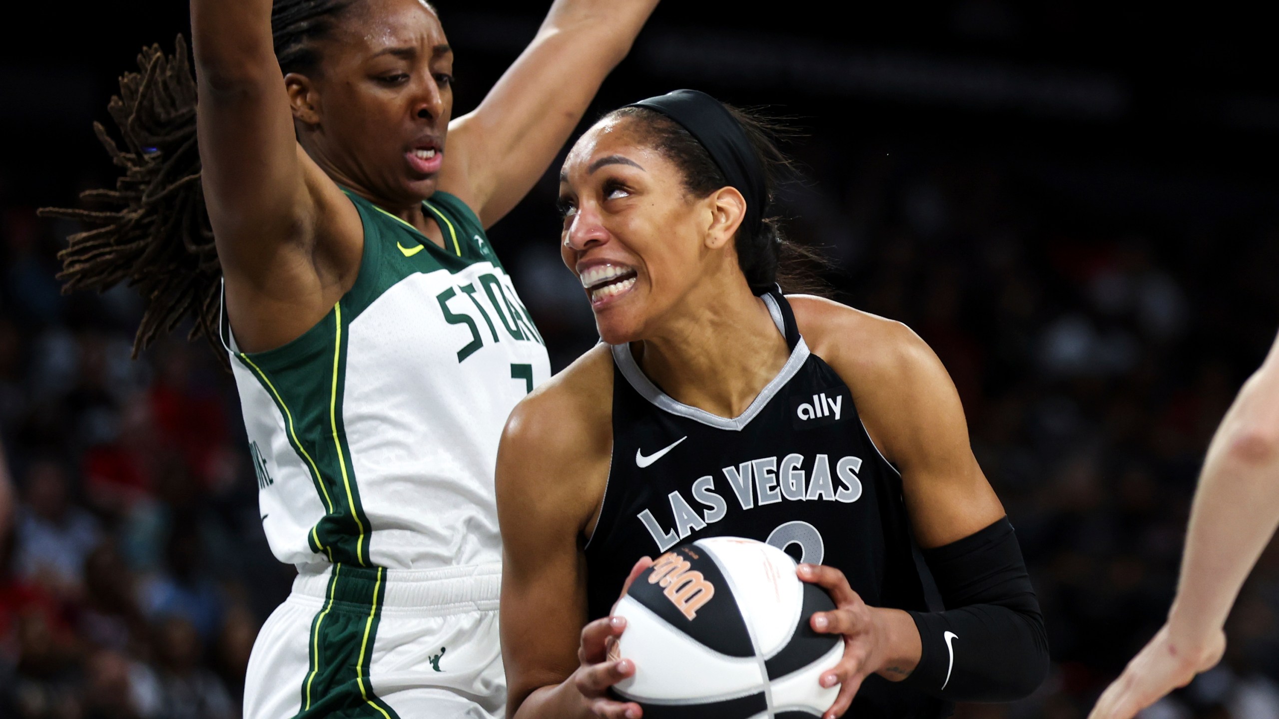 Las Vegas Aces center A'ja Wilson, right, is defended by Seattle Storm forward Nneka Ogwumike during the first half of a WNBA basketball game Friday, June 7, 2024, in Las Vegas. (Ellen Schmidt/Las Vegas Review-Journal via AP)