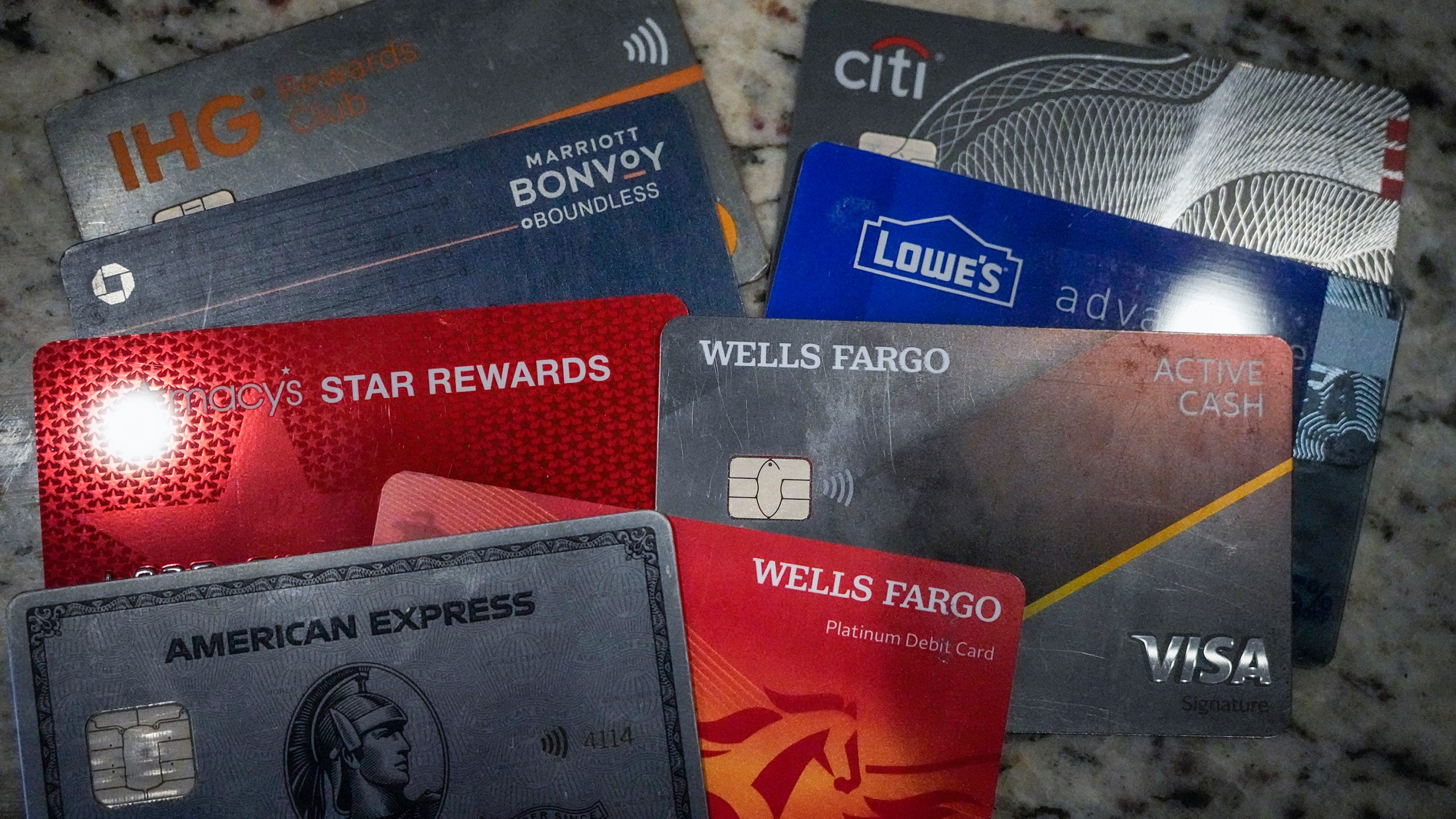 FILE - A variety of credit cards are shown on Jan. 18, 2024, in Atlanta. Seriously overdue credit card debt is at the highest level in 14 years, and people 35 and under are struggling more than other age groups to pay their bills. (AP Photo/Mike Stewart, File)