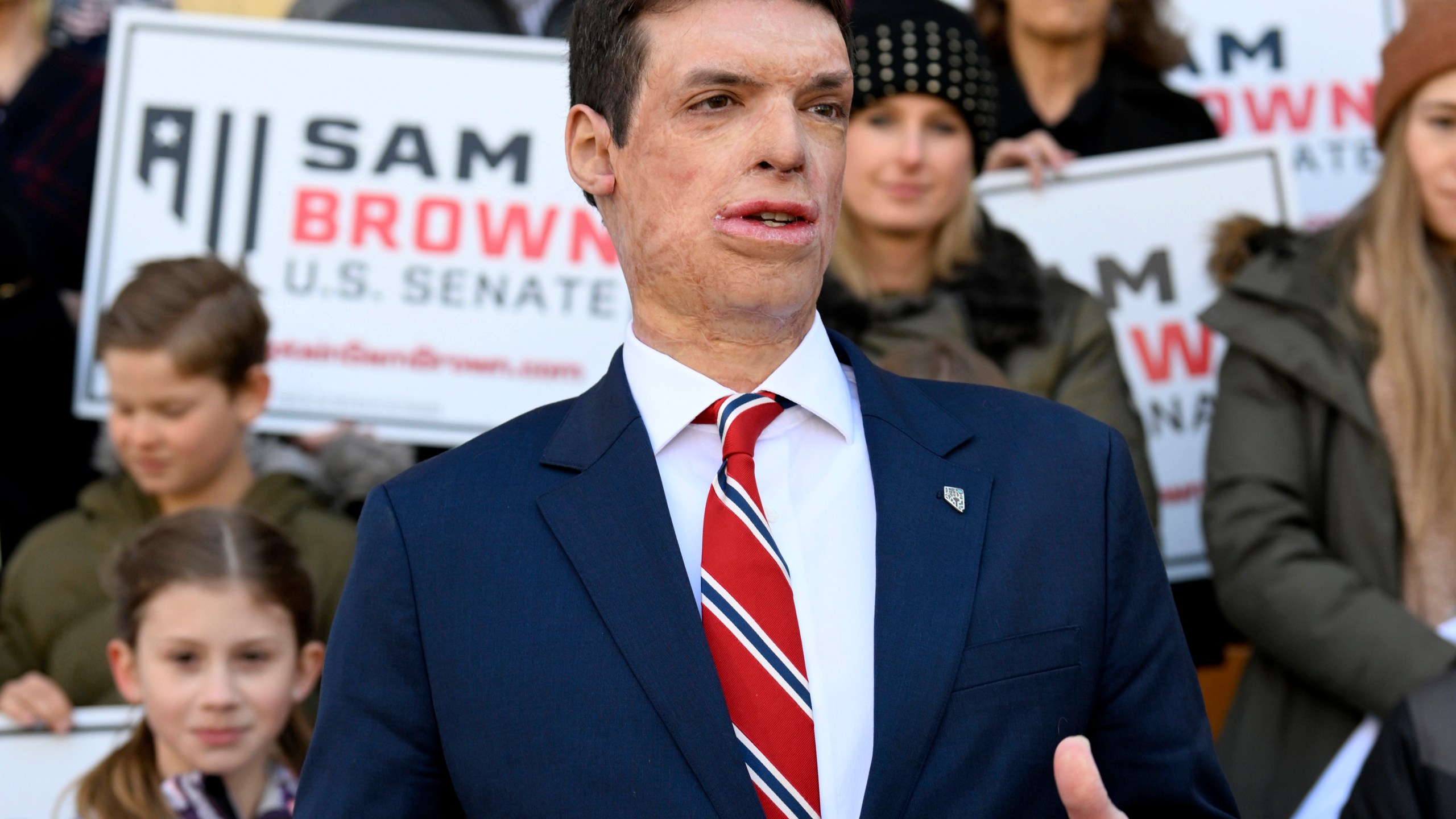 FILE - Republican senatorial candidate Sam Brown speaks after filing his paperwork to run for the Senate, March 14, 2024, at the State Capitol in Carson City, Nev. Brown is seeking to replace incumbent U.S. Sen. Jacky Rosen. (AP Photo/Andy Barron)