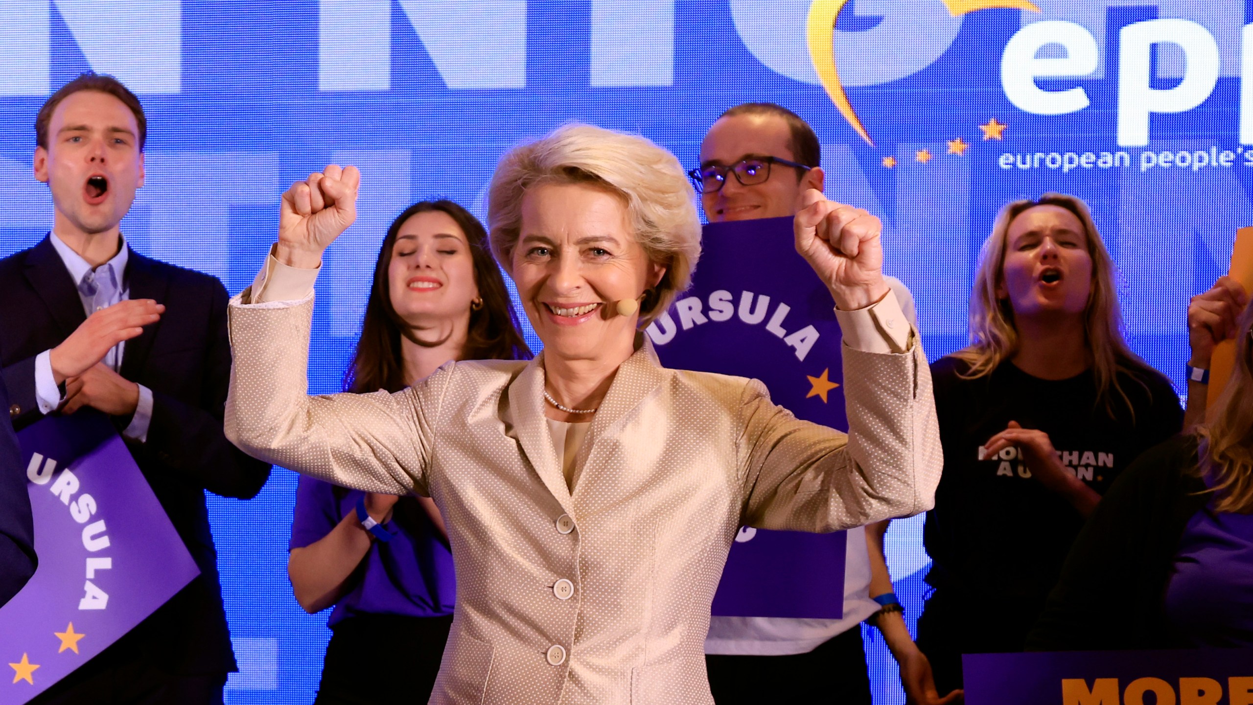 Lead candidate for the European Commission, current European Commission President Ursula von der Leyen poses during an event at the European People's Party headquarters in Brussels, Sunday, June 9, 2024. Polling stations opened across Europe on Sunday as voters from 20 countries cast ballots in elections that are expected to shift the European Union's parliament to the right and could reshape the future direction of the world's biggest trading bloc. (AP Photo/Geert Vanden Wijngaert)