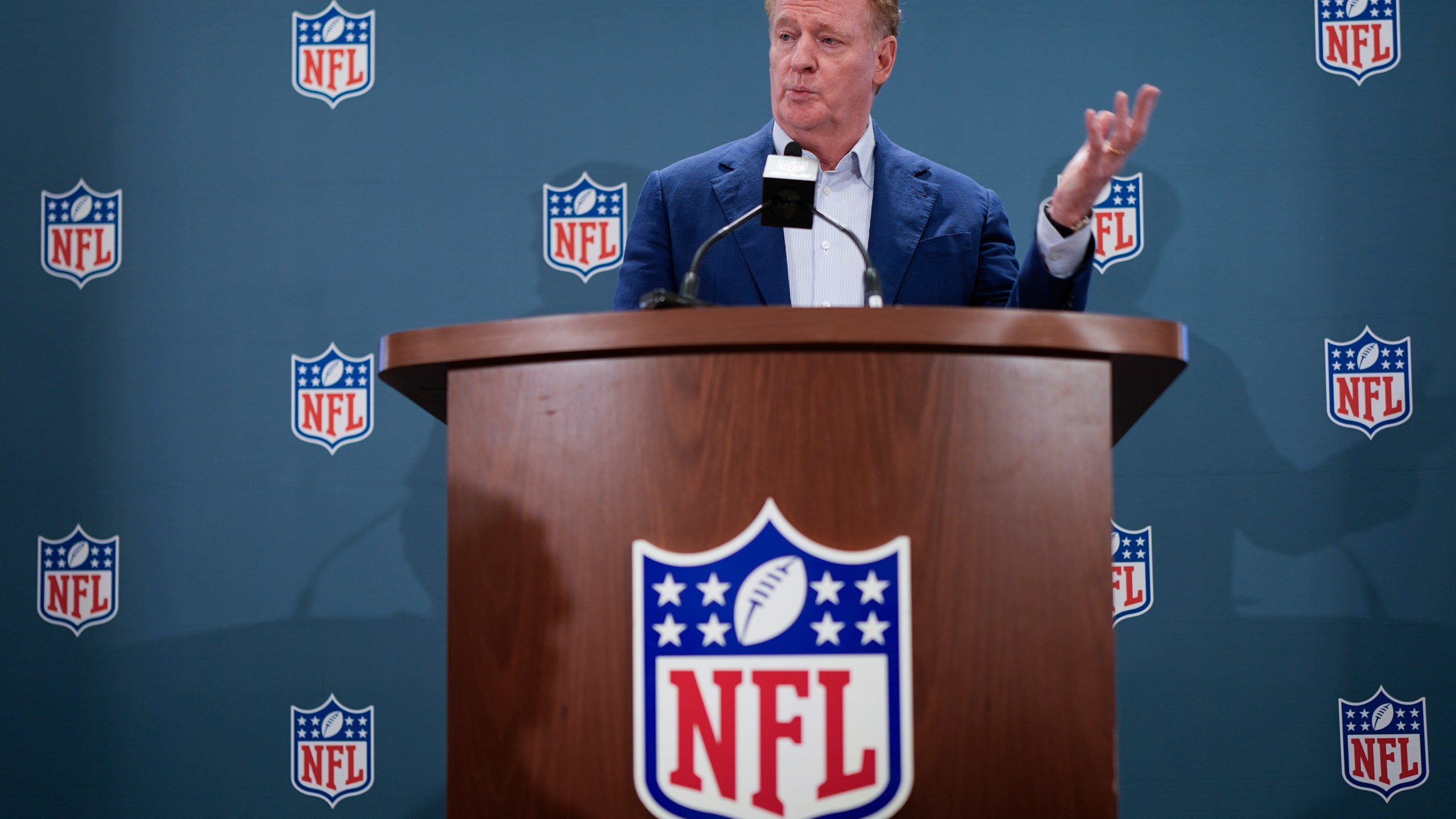 NFL Commissioner Roger Goodell responds to questions during a news conference after the football league's owners spring meetings Wednesday, May 22, 2024, in Nashville, Tenn. (AP Photo/George Walker IV)