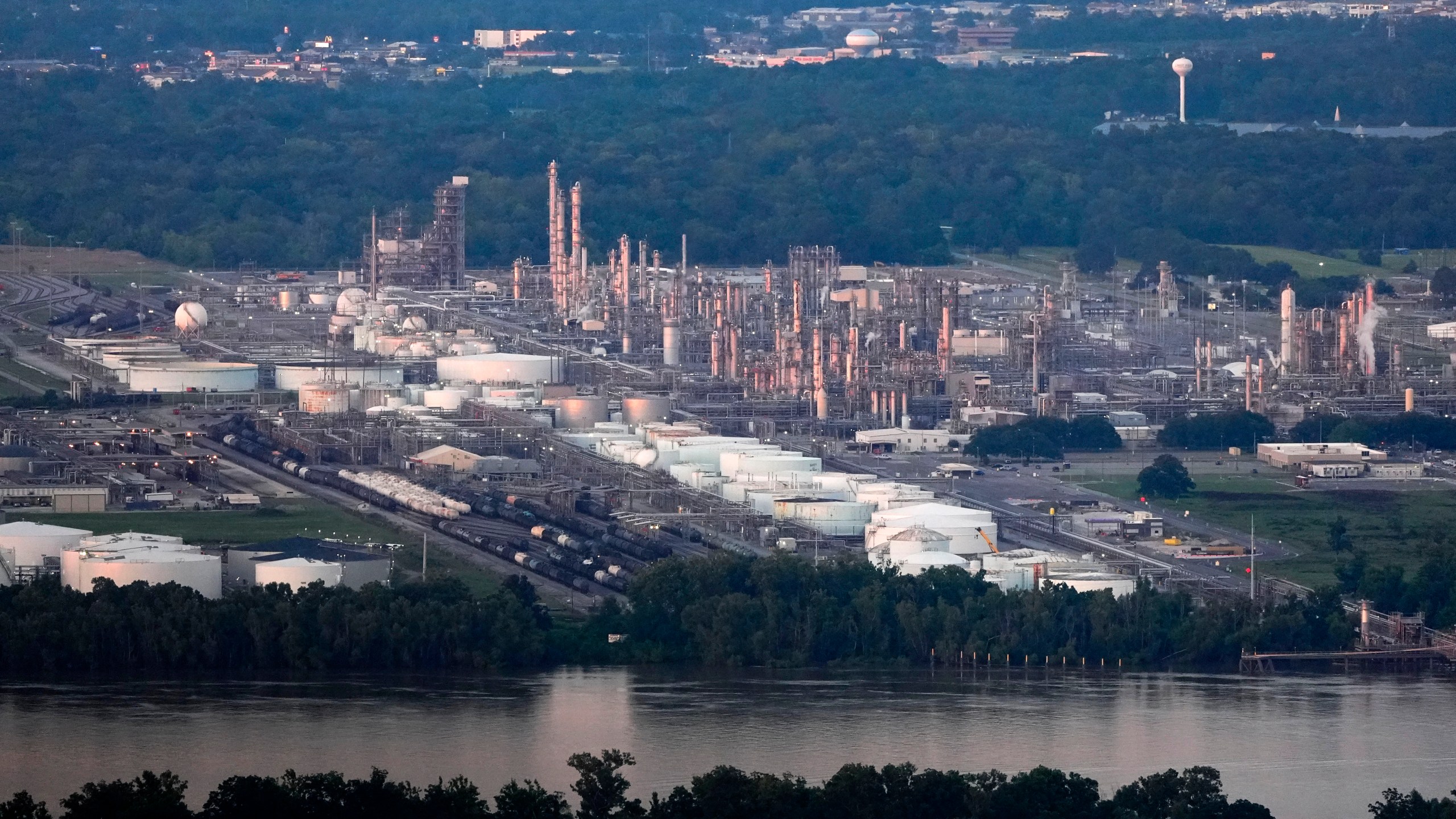 A chemical and petroleum industrial corridor, that is a known source of ethylene oxide emissions, is seen from this aerial photo, in Ascension Parish, La., Friday, June 7, 2024. (AP Photo/Gerald Herbert)