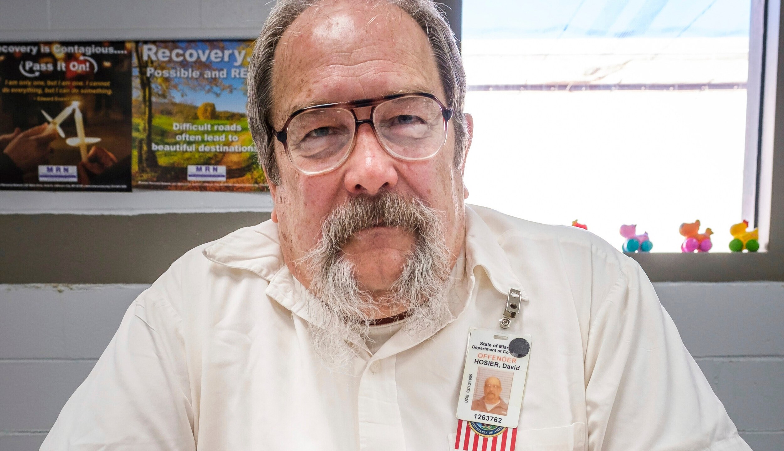 This photo, provided by Missourians to Abolish the Death Penalty, shows inmate David Hosier, Friday, June 7, 2024, at Potosi Correctional Center in Potosi, Missouri. Hosier is scheduled to be executed Tuesday, June 11, 2024, for the deaths of a Jefferson City couple in 2009, but he has long questioned how he could be convicted on circumstantial evidence. (Missourians to Abolish the Death Penalty via AP)