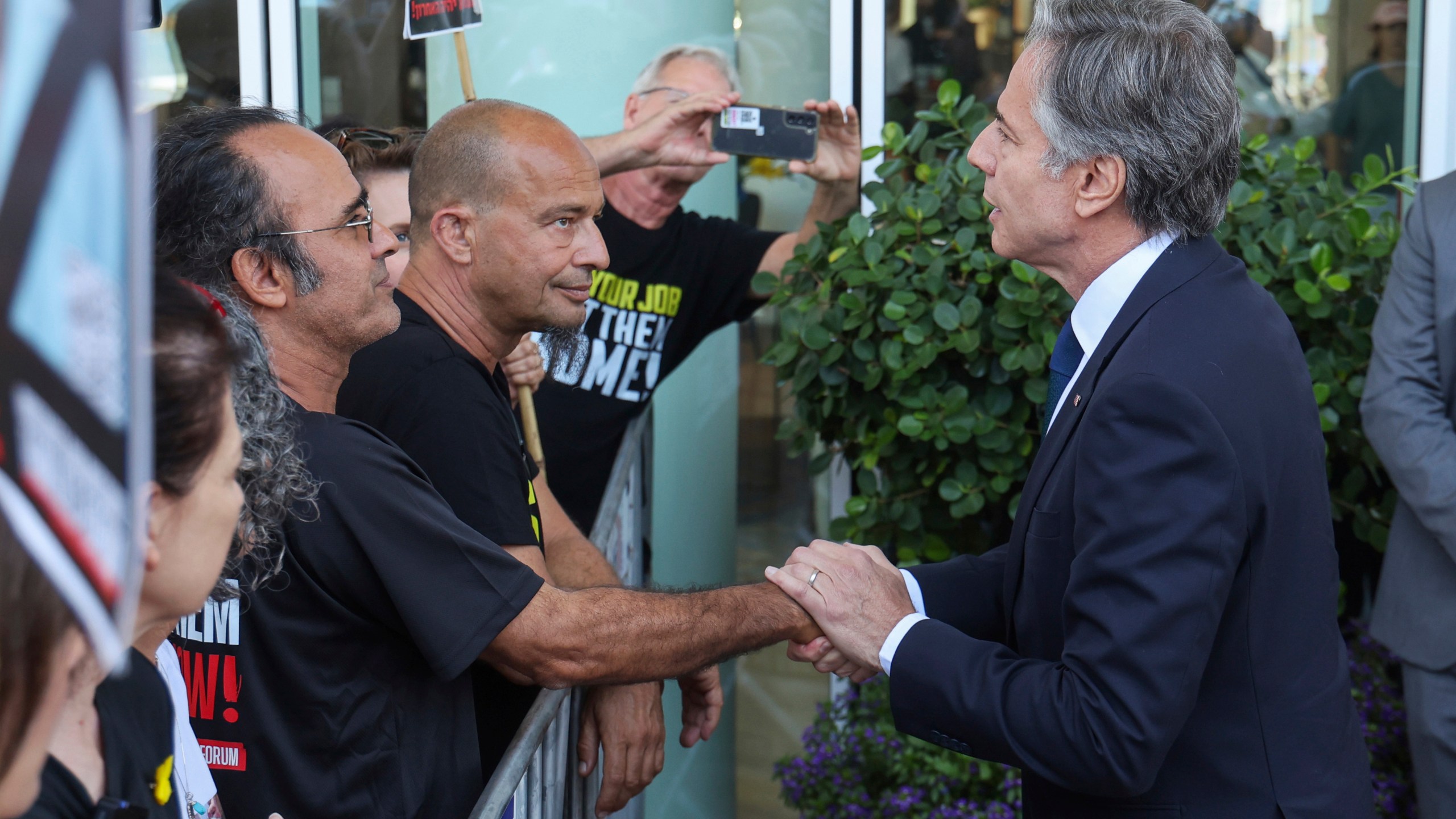 U.S. Secretary of State Antony Blinken meets with families and supporters of Israelis held hostage by Hamas, in Gaza during his visit to Tel Aviv, Israel, Tuesday, June 11, 2024. (Jack Guez, Pool Photo via AP)