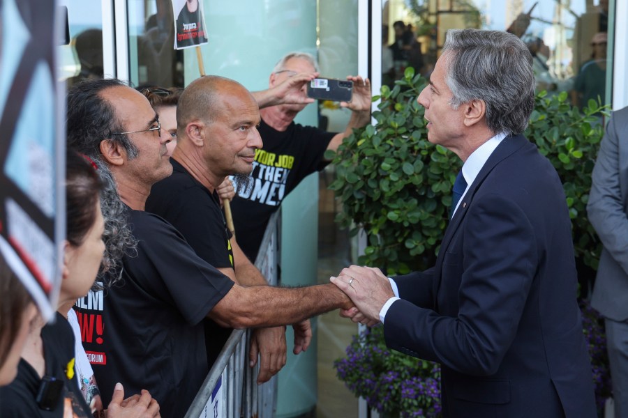 U.S. Secretary of State Antony Blinken meets with families and supporters of Israelis held hostage by Hamas, in Gaza during his visit to Tel Aviv, Israel, Tuesday, June 11, 2024. (Jack Guez, Pool Photo via AP)