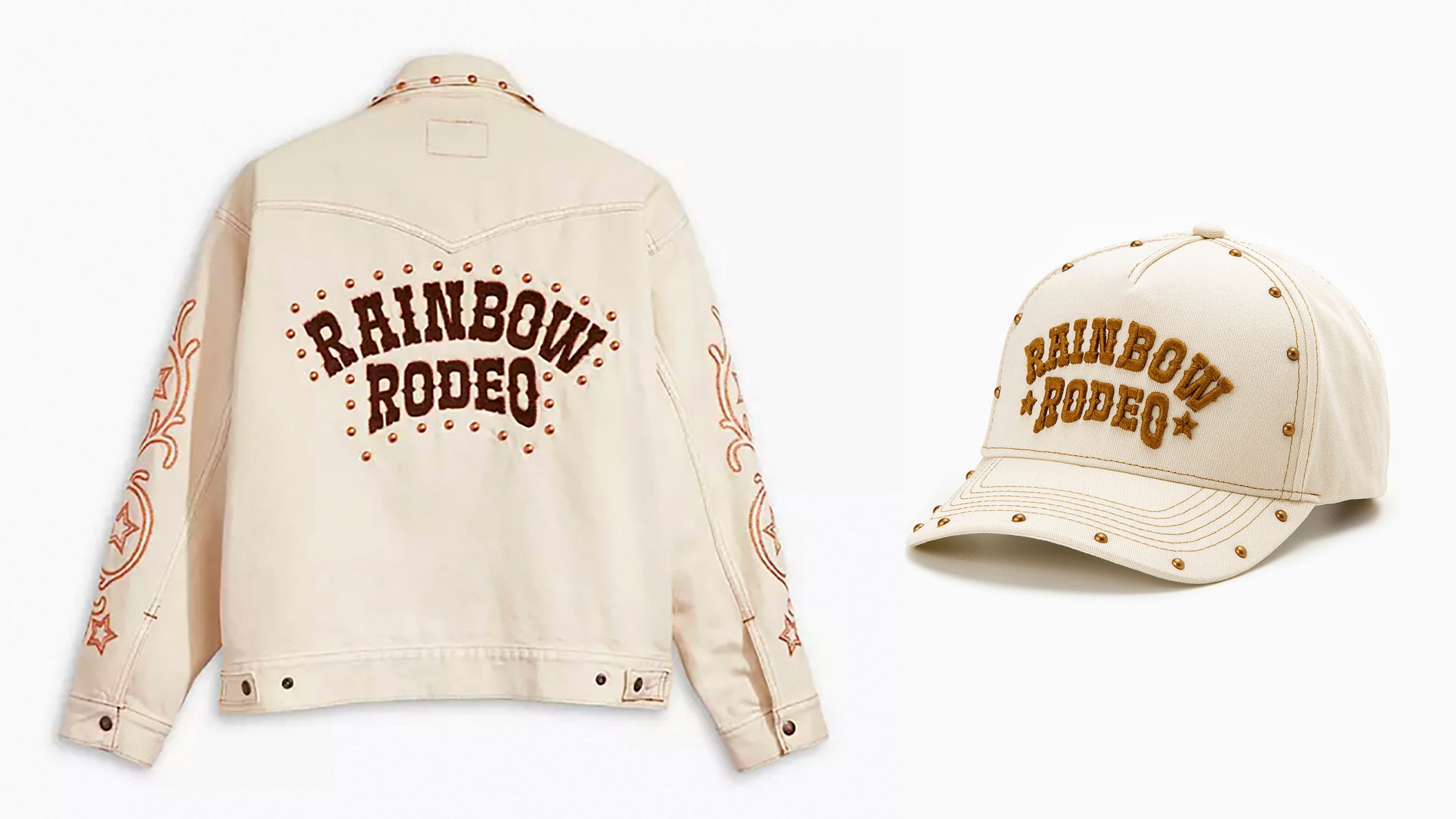 This combination photo shows the trucker trucker jacket and hat from the Rodeo Rainbow collection by Levi’s. For the LGBTQ+ ally dad, the company’s pride collection offers a range of Father’s Day gift options. (Levi’s via AP)