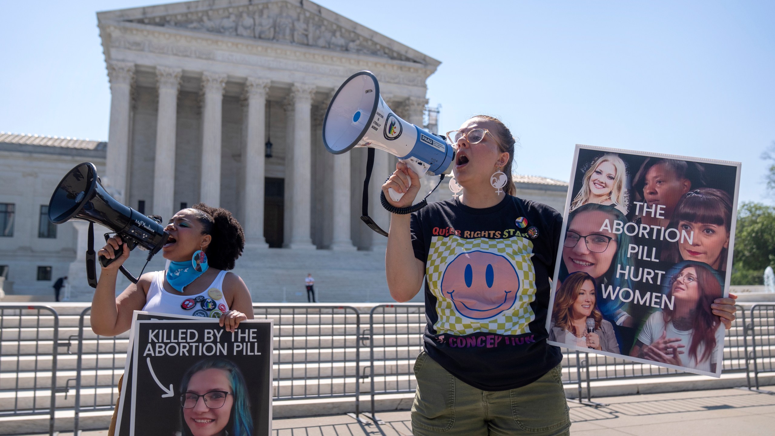 Anti-abortion protestors demonstrate outside the Supreme Court on Thursday, June 13, 2024, in Washington. The Supreme Court on Thursday unanimously preserved access to a medication that was used in nearly two-thirds of all abortions in the U.S. last year, in the court's first abortion decision since conservative justices overturned Roe v. Wade two years ago. (AP Photo/Mark Schiefelbein)