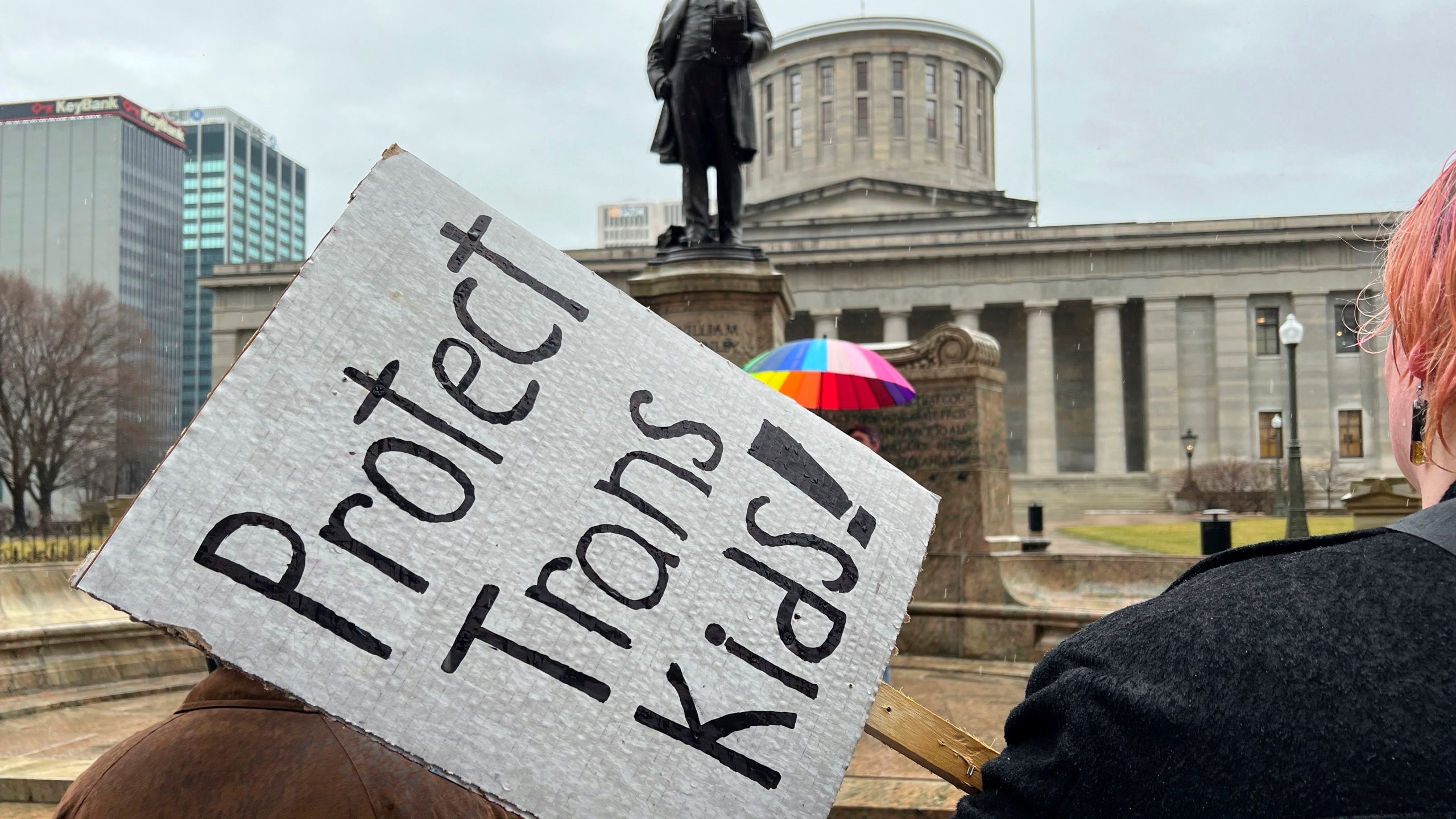 FILE - Demonstrators advocating for transgender rights and healthcare stand outside of the Ohio Statehouse on Jan. 24, 2024, in Columbus, Ohio. In a preliminary injunction granted Thursday, U.S. District Judge Terry A. Doughty called the new rule an "abuse of power" and a "threat to democracy." His order blocks the rule in Louisiana, which filed a challenge to the rule in April, and in Mississippi, Montana and Idaho, which joined the suit. (AP Photo/Patrick Orsagos, File)