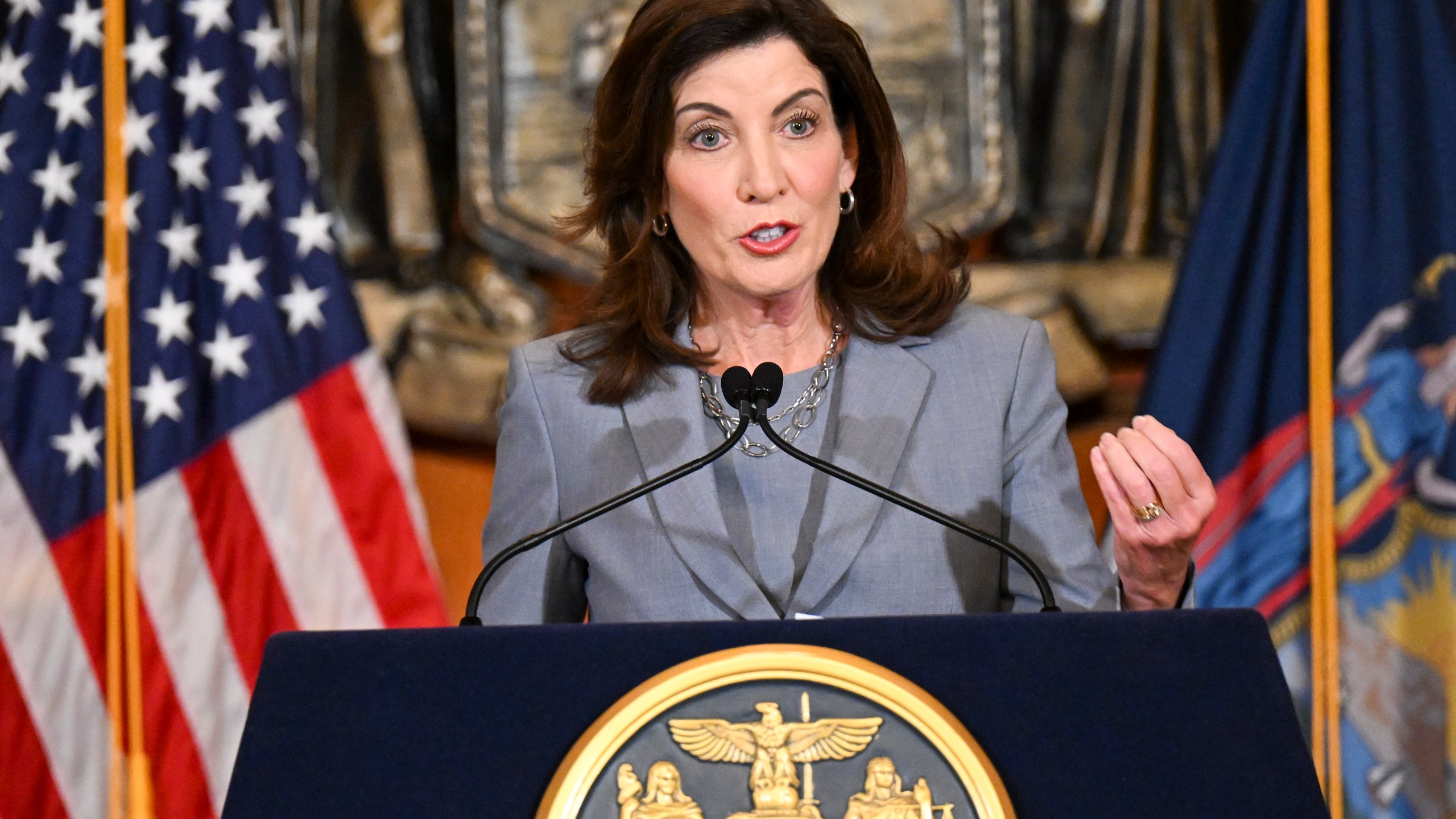 FILE - New York Gov. Kathy Hochul speaks to reporters in the Red Room at the state Capitol, July 1, 2022, in Albany, N.Y. Hochul is considering a ban on face masks in the city subway system, following what she describes as concerns over people shielding their identities while committing antisemitic acts. (AP Photo/Hans Pennink, File)