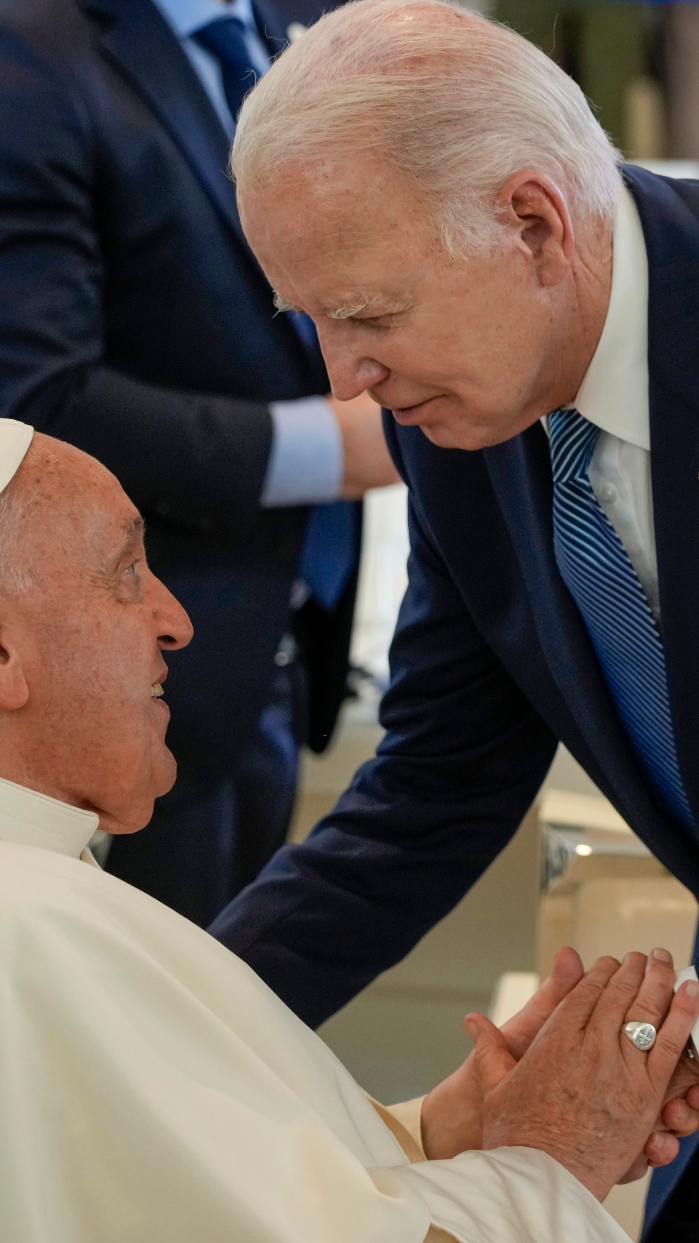 Pope Francis, left, greets U.S. President Joe Biden during a working session on AI, Energy, Africa and Mideast at the G7 summit, in Borgo Egnazia, near Bari in southern Italy, Friday, June 14, 2024. (AP Photo/Andrew Medichini)