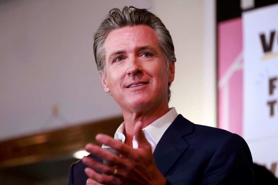 Gavin Newsom speaks at a rally June 7, 2024, in San Francisco. Newsom announced Tuesday, June 18, 2024, that he wants to restrict students' usage of smartphones during the school day, citing the mental health risks of social media. (Jessica Christian/San Francisco Chronicle via AP, File)