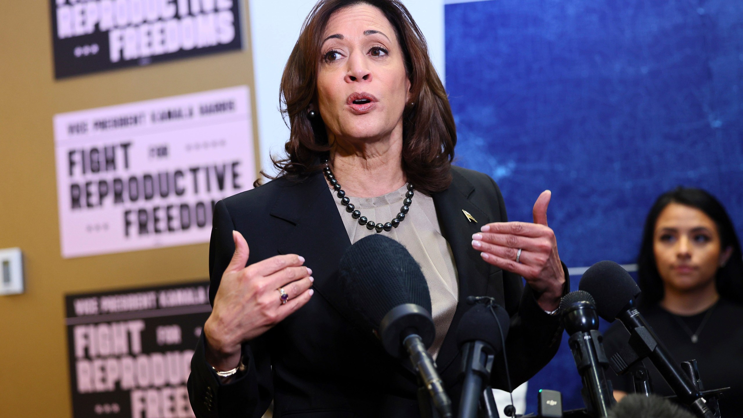 FILE - Vice President Kamala Harris speaks at Planned Parenthood, March. 14, 2024, in St. Paul, Minn. Harris says "everything is at stake" with reproductive health rights in November's presidential election. Harris' statements from segments of an MSNBC interview that aired Sunday, June 23, comes as the Biden campaign steps up its focus on contrasting Joe Biden and Donald Trump's positions on the issue ahead of this Thursday's presidential debate. (AP Photo/Adam Bettcher, File)