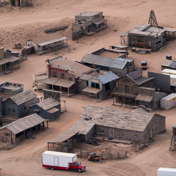 This aerial photo shows the Bonanza Creek Ranch in Santa Fe, N.M, Oct. 23, 2021, used for the film "Rust."