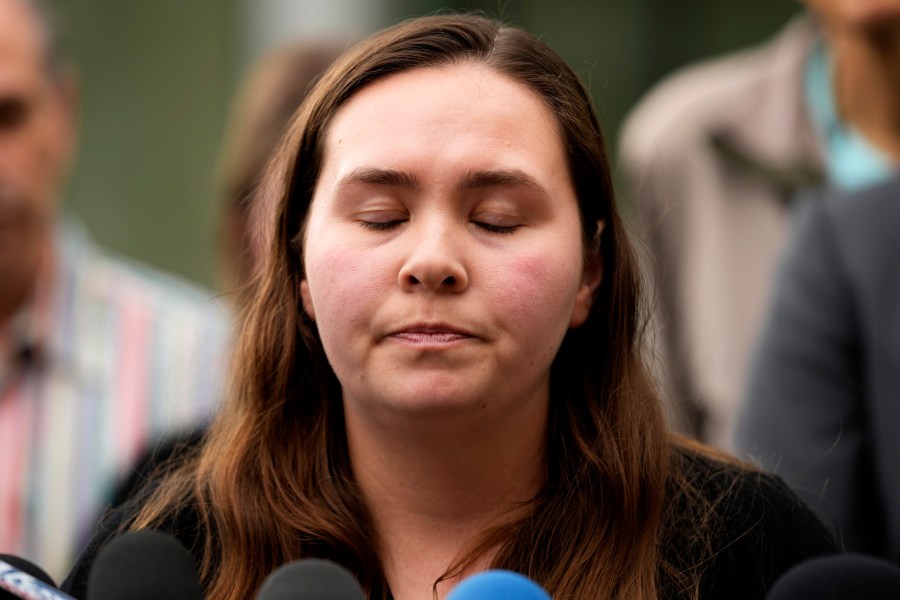 Leah Sundheim, whose mother Jacquelyn was killed, closes her eyes as she speaks at a news conference after the hearing of Robert E. Crimo III., at the Lake County Courthouse in Waukegan, Ill., Wednesday, June 26, 2024. Crimo III is charged with killing seven people and wounding dozens more in a shooting at an Independence Day parade in the suburban Chicago town of Highland Park, Ill. (AP Photo/Nam Y. Huh)