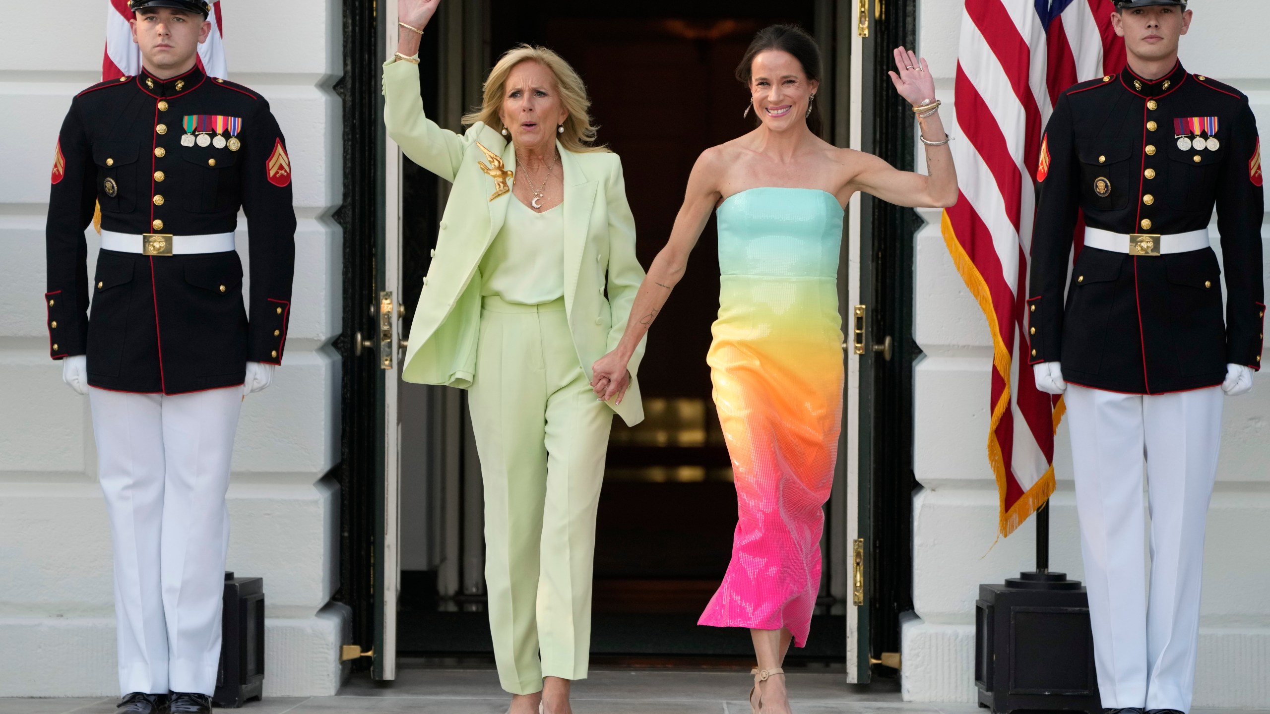 First lady Jill Biden arrives with Ashley Biden to speak at a Pride Month celebration on the South Lawn of the White House in Washington, Wednesday, June 26, 2024. (AP Photo/Mark Schiefelbein)