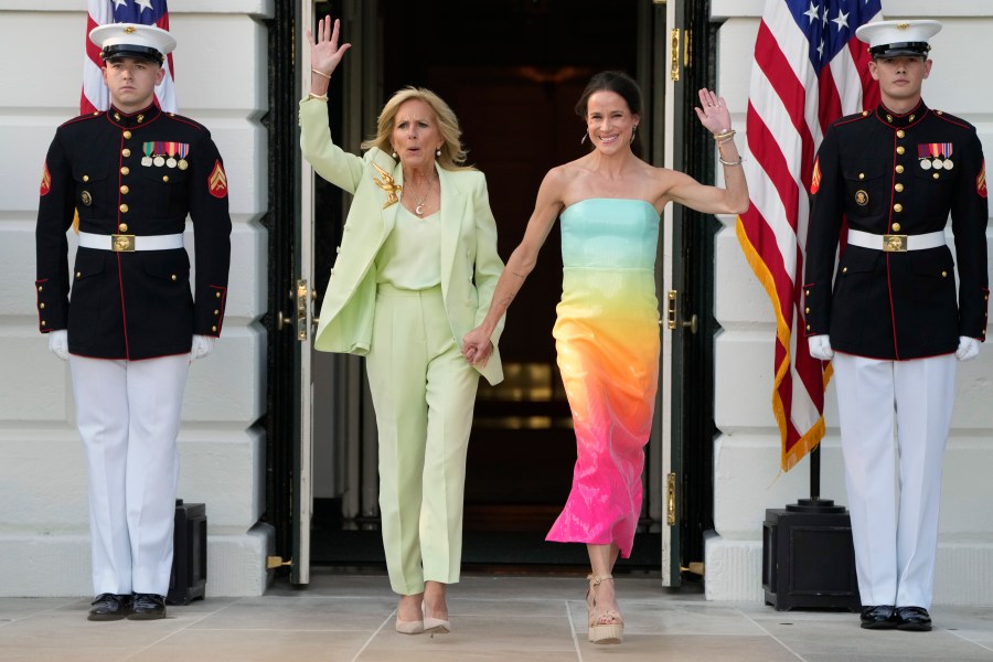 First lady Jill Biden arrives with Ashley Biden to speak at a Pride Month celebration on the South Lawn of the White House in Washington, Wednesday, June 26, 2024. (AP Photo/Mark Schiefelbein)