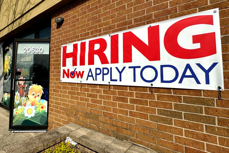 FILE - A hiring sign is displayed in Riverwoods, Ill., on April 16, 2024. On Thursday, June 27, 2024, the government reports on the number of Americans who applied for unemployment benefits last week. (AP Photo/Nam Y. Huh, File)