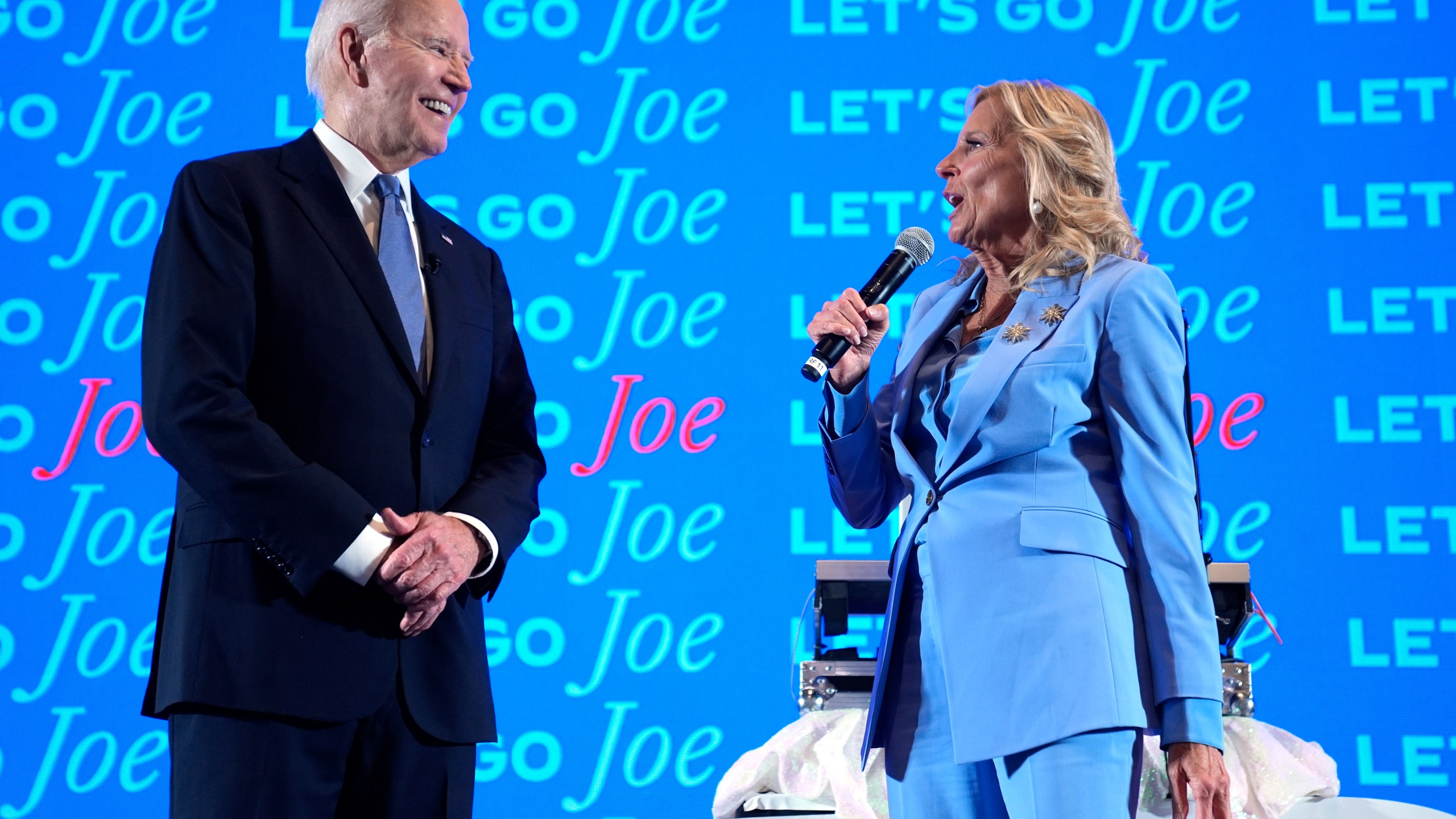 President Joe Biden, left, and first lady Jill Biden speak at a presidential debate watch party, Thursday, June 27, 2024, in Atlanta. (AP Photo/Evan Vucci)