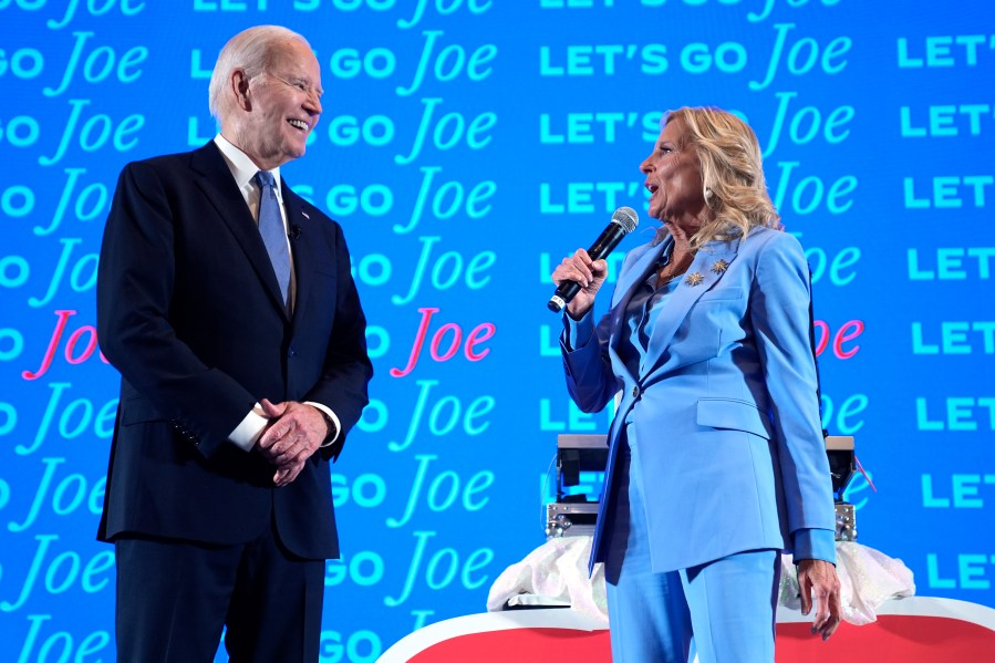 President Joe Biden, left, and first lady Jill Biden speak at a presidential debate watch party, Thursday, June 27, 2024, in Atlanta. (AP Photo/Evan Vucci)