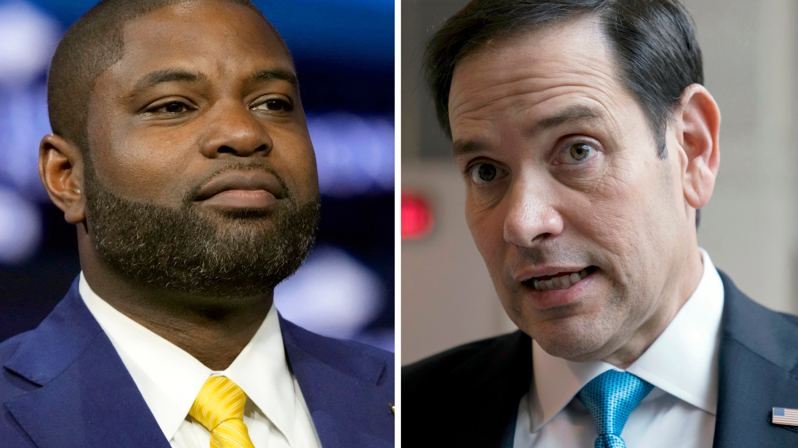 This combination photo shows Rep. Byron Donalds, R-Fla., on, June 15, 2024, in Detroit, left, and Sen. Marco Rubio, R-Fla., at the Capitol in Washington, Feb. 9, 2023. As former President Donald Trump narrows his options for potential running mates, Donalds and Rubio, known to be on his list, are from Florida, leaving open a scenario where his vice presidential nominee would have to move if he wins. (AP Photo)