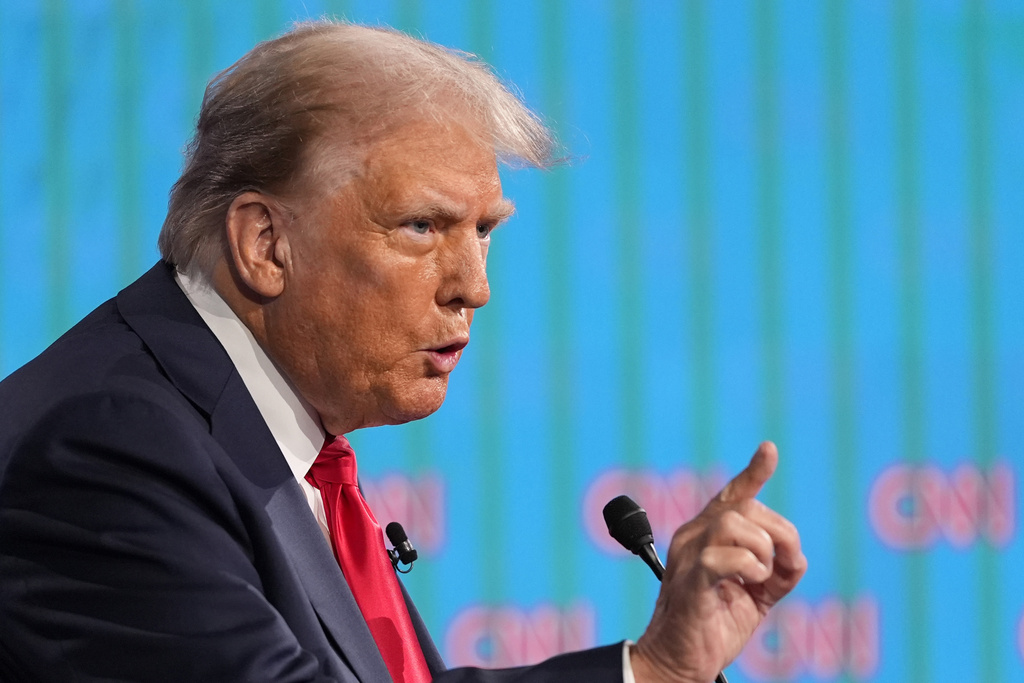 Republican presidential candidate former President Donald Trump speaks during a presidential debate hosted by CNN with President Joe Biden, Thursday, June 27, 2024