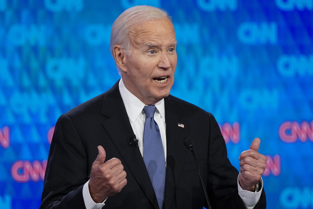 President Joe Biden speaks during a presidential debate with Republican presidential candidate former President Donald Trump, Thursday, June 27, 2024,