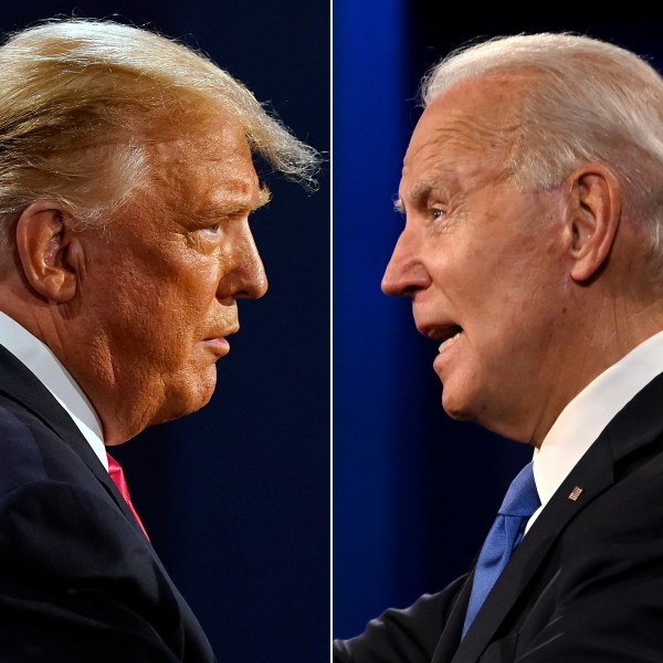 Two images of Joe Biden and Donald Trump during the October 22, 2020 presidential debate.