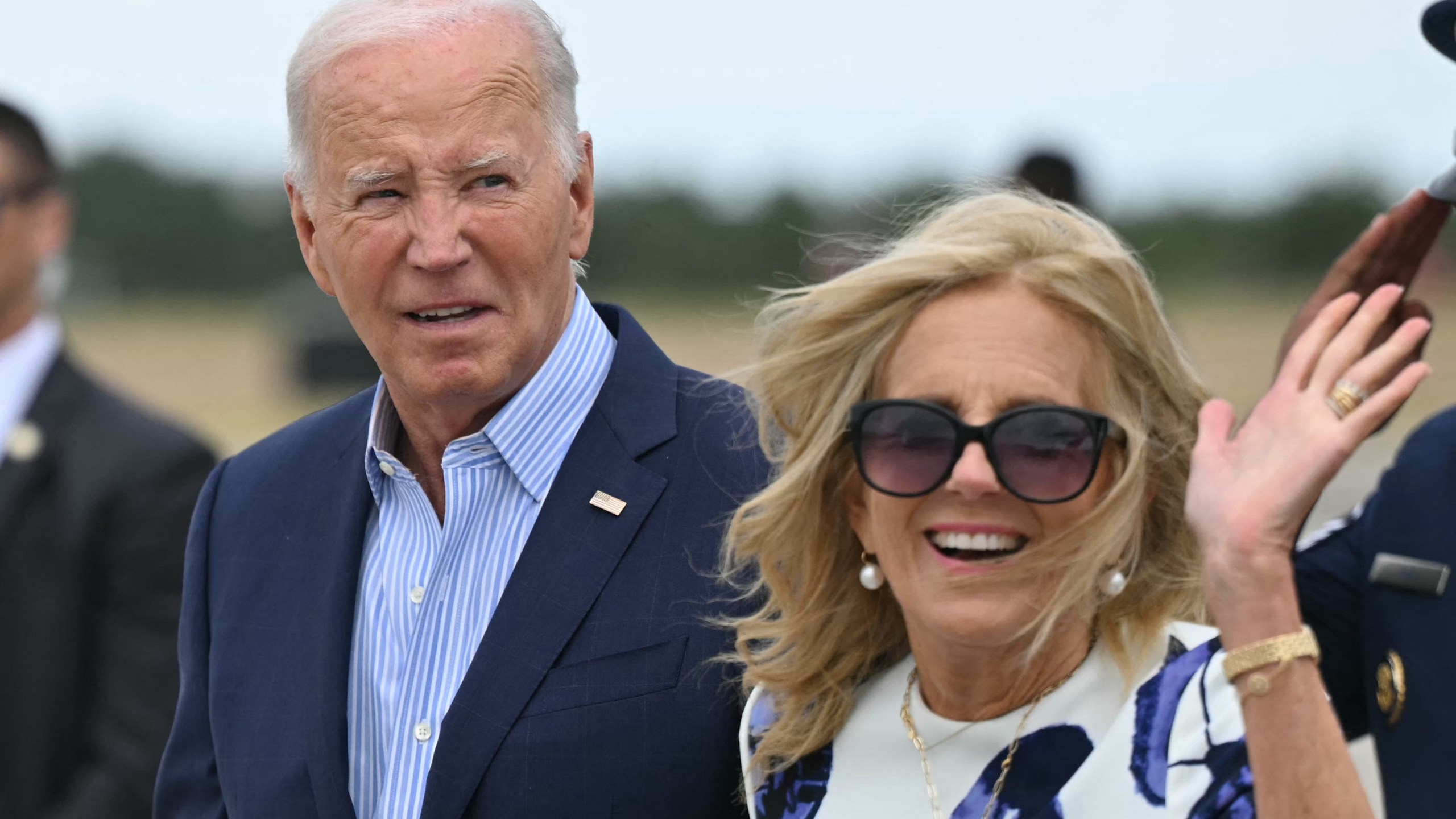 US President Joe Biden and First Lady Jill Biden step off Air Force One upon arrival at in Westhampton Beach, New York on Saturday.