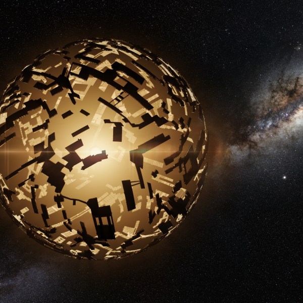 An illustration of a theoretical alien megastructure known as a Dyson sphere around a distant star in front of the Milky Way