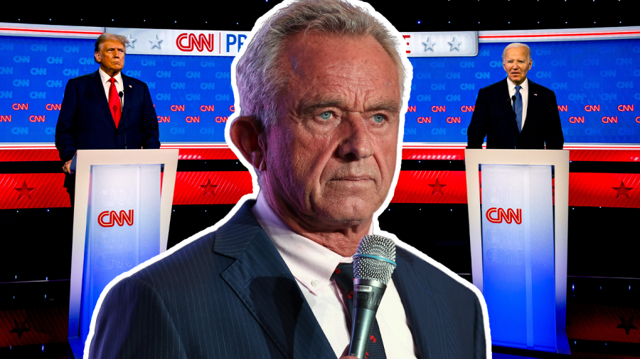 Robert F. Kennedy Jr. overlaid on an image of President Biden and former President Trump.