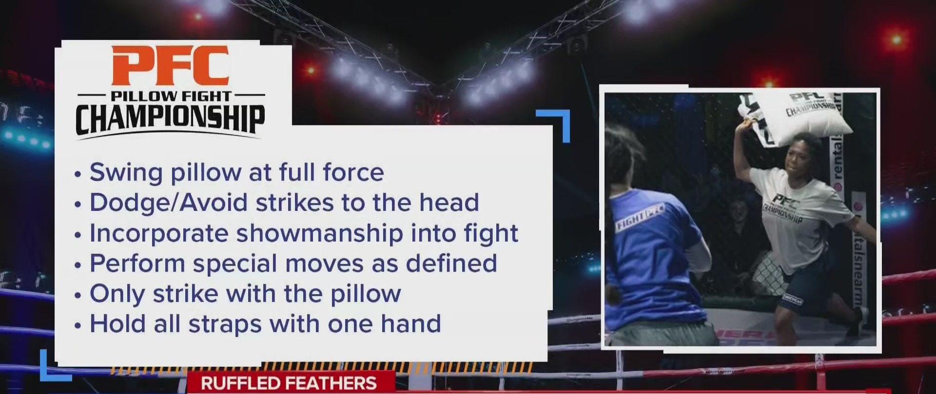 PFC has established strict rules, prohibiting body contact, pillow dropping, and opponent grabbing. Scoring is based on various strikes, with points awarded for head strikes, 360-degree strikes, and knockdowns.