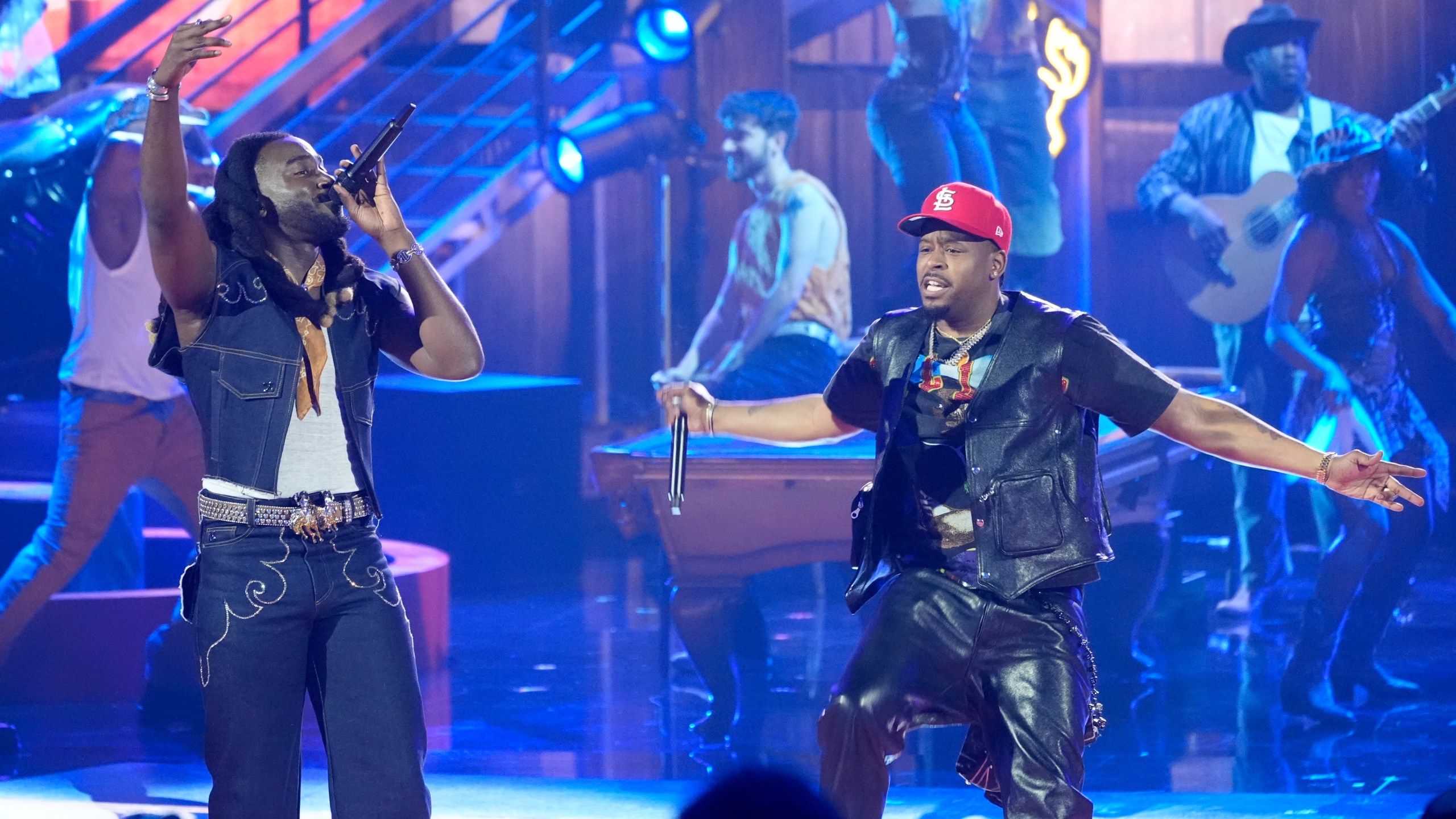 Shaboozey, left, and J-Kwon perform during the BET Awards on Sunday, June 30, 2024, at the Peacock Theater in Los Angeles. (AP Photo/Chris Pizzello)