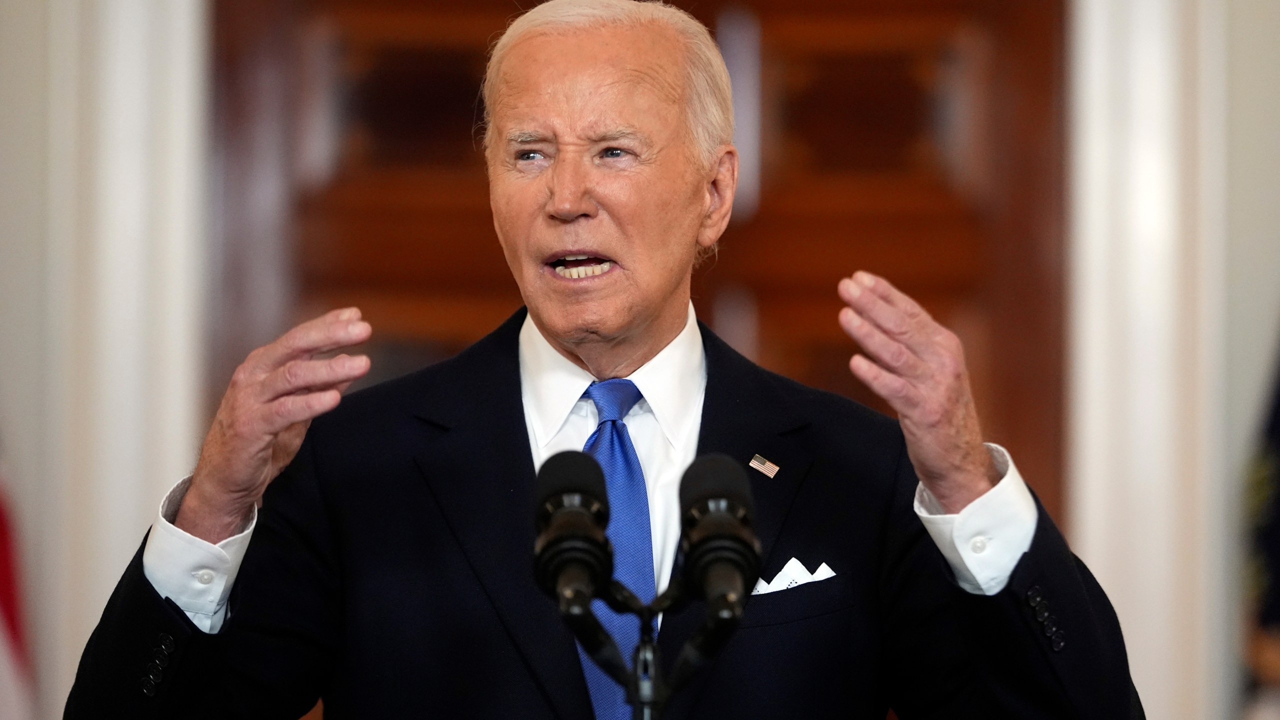 President Joe Biden speaks in the Cross Hall of the White House Monday, July 1, 2024, in Washington. (AP Photo/Jacquelyn Martin)