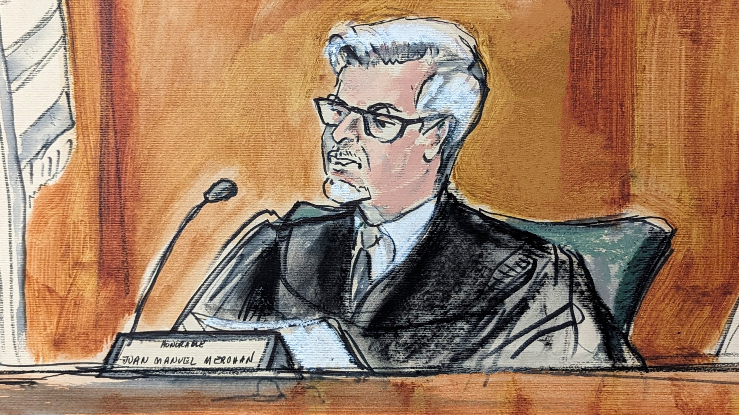 FILE - In this artist depiction Judge Juan Merchan presides over former President Donald Trump's trial in Manhattan criminal court, April 23, 2024, in New York. Former President Donald Trump's sentencing in his hush money case has been postponed until Sept. 18. (Elizabeth Williams via AP)