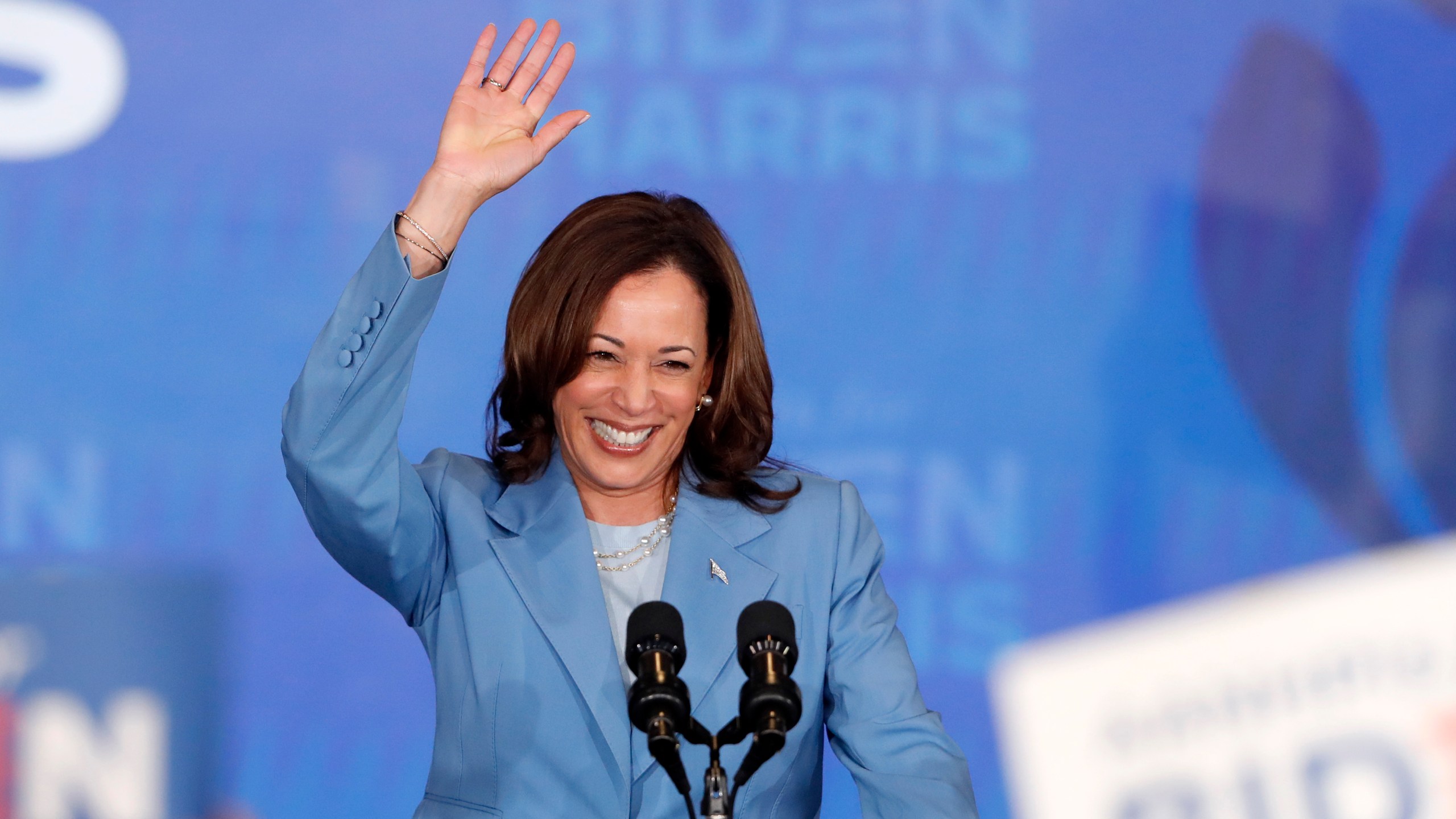 Vice President Kamala Harris waves after speaking at a campaign rally Tuesday, July 9, 2024, in Las Vegas. Harris announced the launch of Asian American, Native Hawaiian, and Pacific Islanders (AANHPI) for Biden-Harris, a national program to mobilize AANHPI voters. (Steve Marcus/Las Vegas Sun via AP)