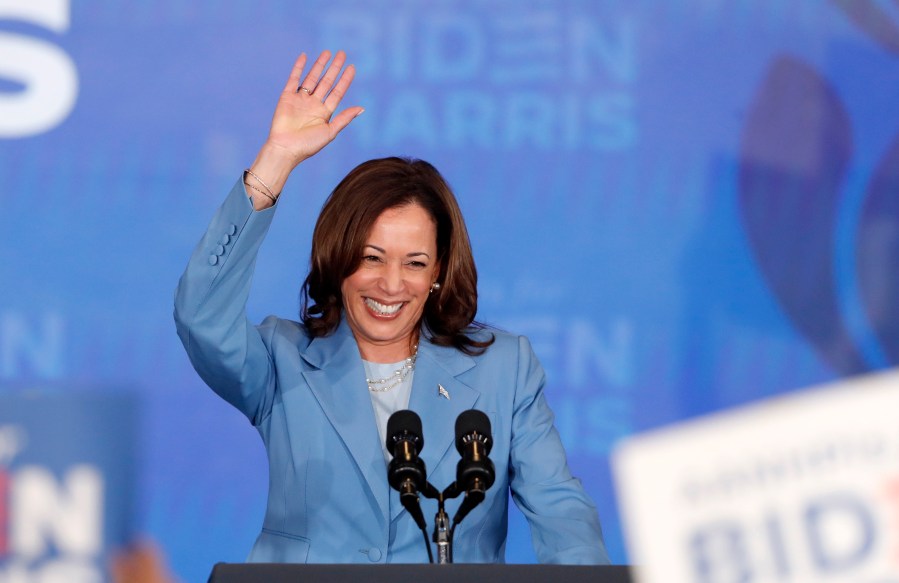 Vice President Kamala Harris waves after speaking at a campaign rally Tuesday, July 9, 2024, in Las Vegas. Harris announced the launch of Asian American, Native Hawaiian, and Pacific Islanders (AANHPI) for Biden-Harris, a national program to mobilize AANHPI voters. (Steve Marcus/Las Vegas Sun via AP)