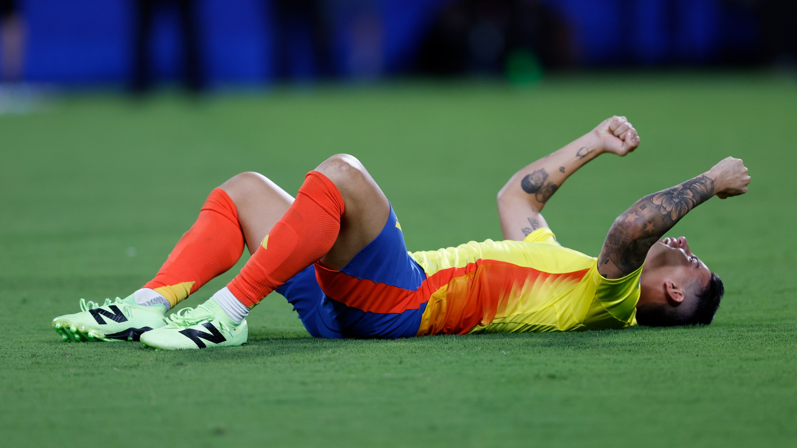 Colombia's James Rodriguez celebrates his team's 1-0 victory over Uruguay at the end of a Copa America semifinal soccer match in Charlotte, N.C., Wednesday, July 10, 2024. (AP Photo/Nell Redmond)