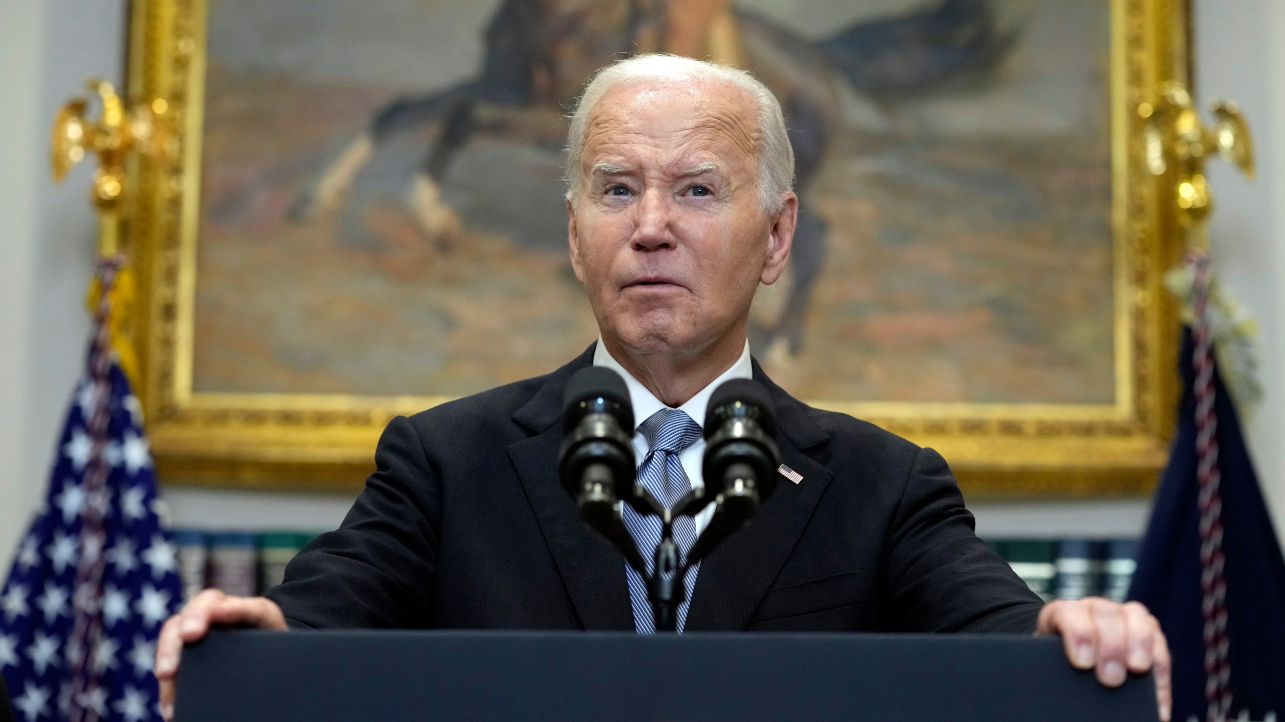 President Joe Biden speaks from the Roosevelt Room of the White House in Washington, Sunday, July 14, 2024, about the apparent assassination attempt of former President Donald Trump at a campaign rally in Pennsylvania. (AP Photo/Susan Walsh)