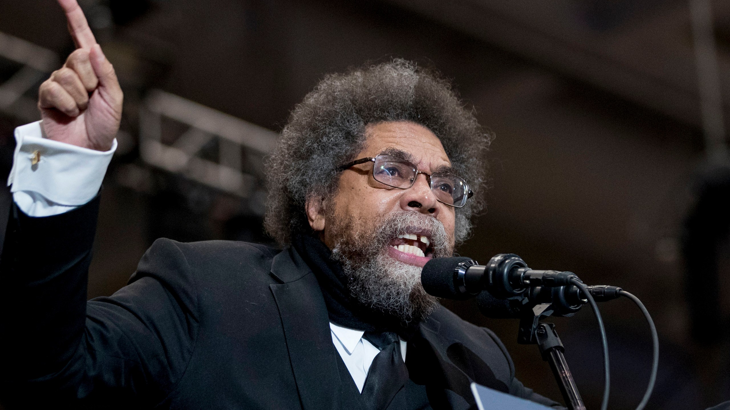 FILE - Harvard Professor Cornel West speaks at a campaign rally for Democratic presidential candidate Sen. Bernie Sanders, I-Vt., at the Whittemore Center Arena at the University of New Hampshire, Feb. 10, 2020, in Durham, N.H. Georgia Democrats are challenging efforts to place West and three other candidates on the state's presidential ballots, part of a nationwide effort to block candidates who could siphon votes from incumbent President Joe Biden. (AP Photo/Andrew Harnik, File)