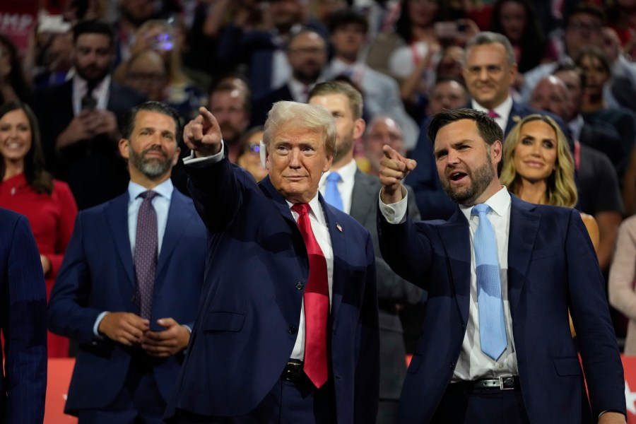 Republican presidential candidate former President Donald Trump appears with nice presidential candidate JD Vance, R-Ohio, during the Republican National Convention Monday, July 15, 2024, in Milwaukee. (AP Photo/Paul Sancya)