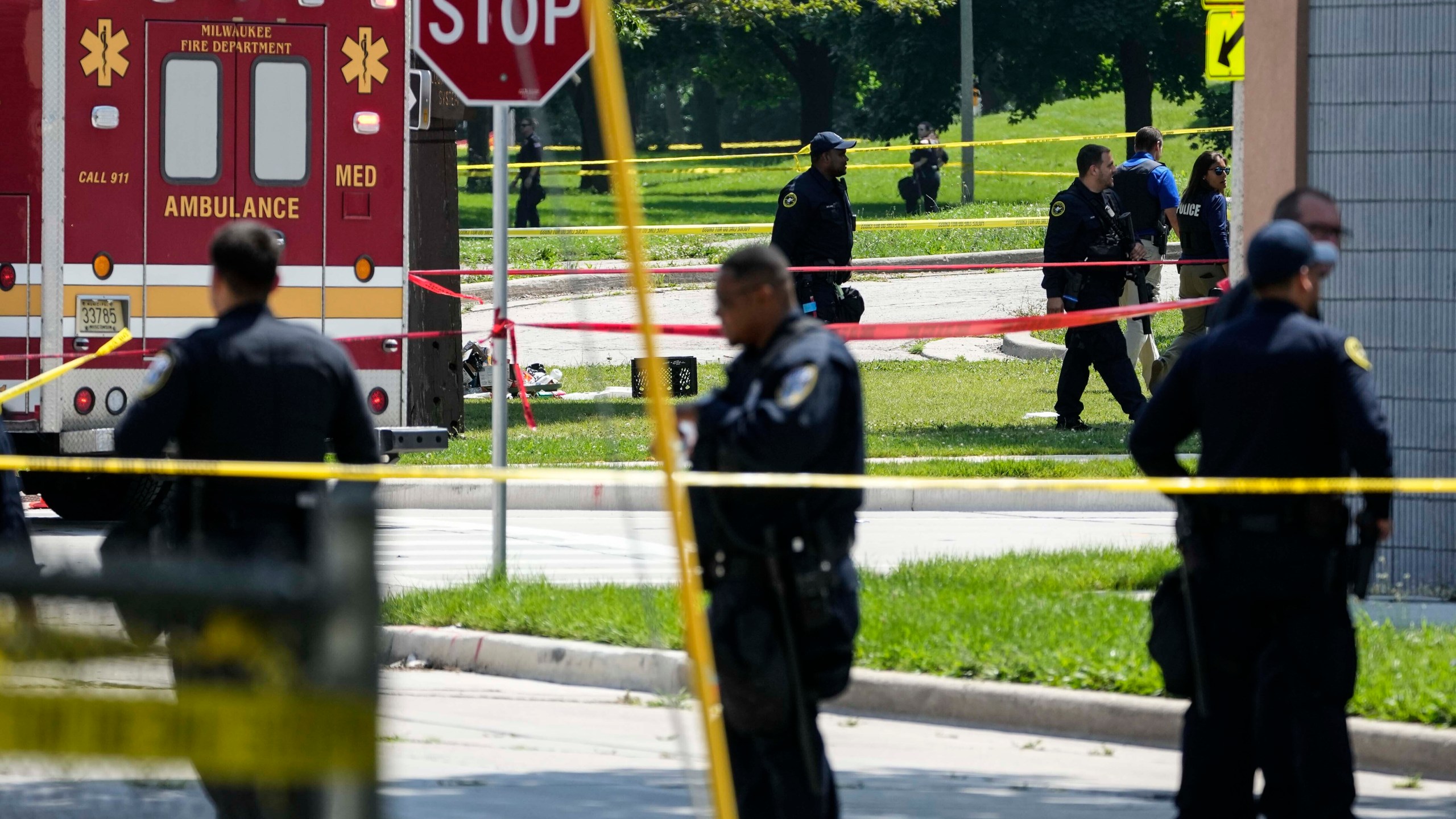 Police investigate a shooting near King Park during the second day of the 2024 Republican National Convention, Tuesday, July 16, 2024, in Milwaukee. The shooting occurred outside of the security perimeter for the Republican National Convention. (AP Photo/Alex Brandon)