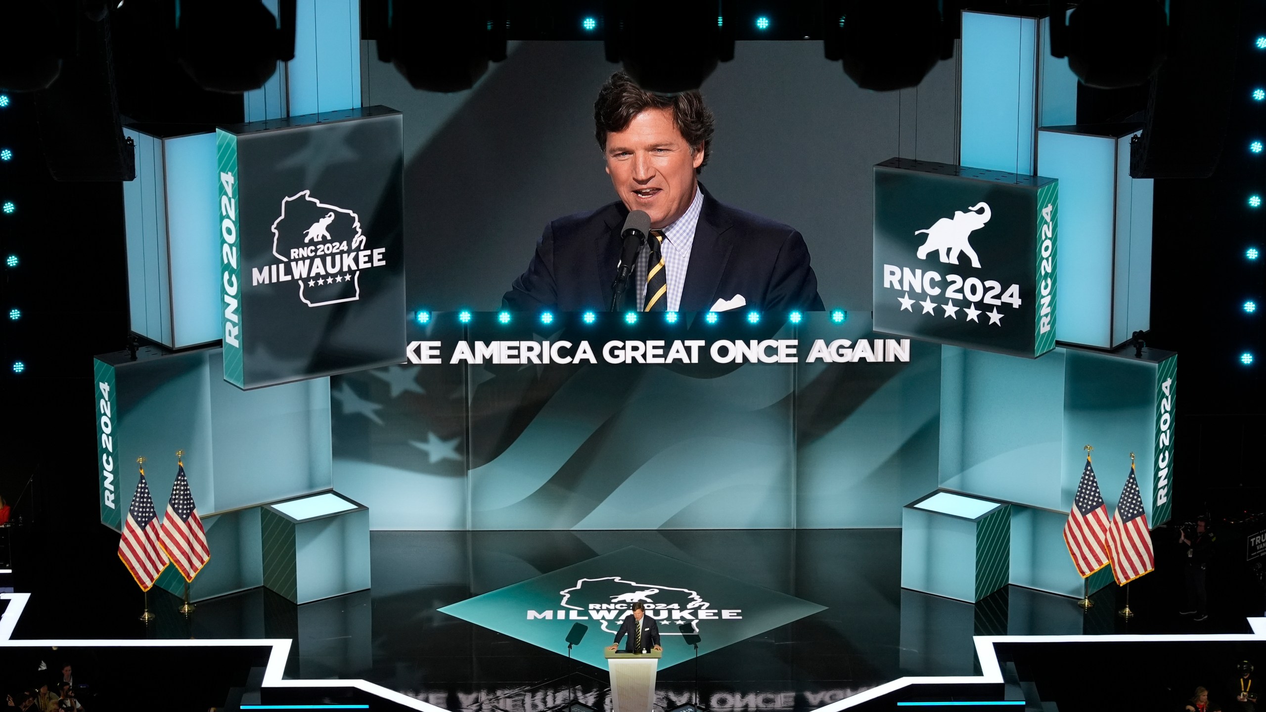 Tucker Carlson speaks during the Republican National Convention Thursday, July 18, 2024, in Milwaukee. (AP Photo/Morry Gash)