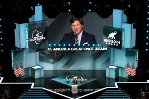 Tucker Carlson speaks during the Republican National Convention Thursday, July 18, 2024, in Milwaukee. (AP Photo/Morry Gash)