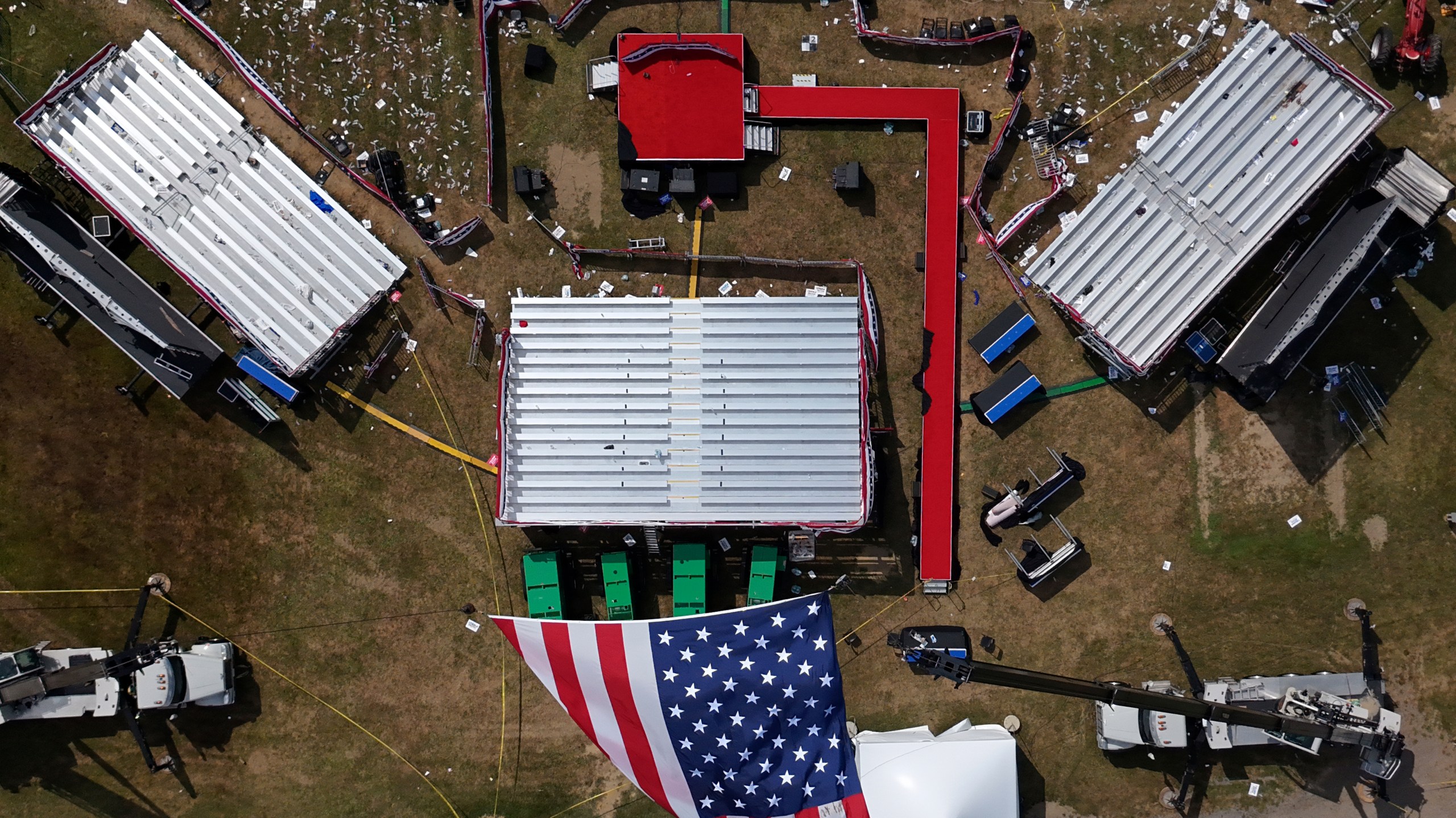 This aerial photo of the Butler Farm Show, site of the Saturday, July 13, 2024 Trump campaign rally, shown Monday, July 15, 2024 in Butler, Pa. On Saturday, Republican presidential candidate former President Donald Trump was wounded during an assassination attempt while speaking at the rally. (AP Photo/Gene J. Puskar)