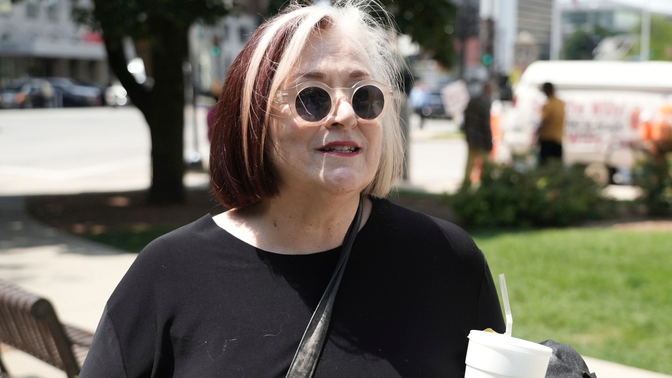 Milwaukee resident Jill McCurdy, who identifies as a Democrat, said restaurant owners she knows have not seen the boost in business she hoped the Republican National Convention would bring the city, Thursday, July 18, 2024, in Milwaukee. (AP Photo/Mark Vancleave)