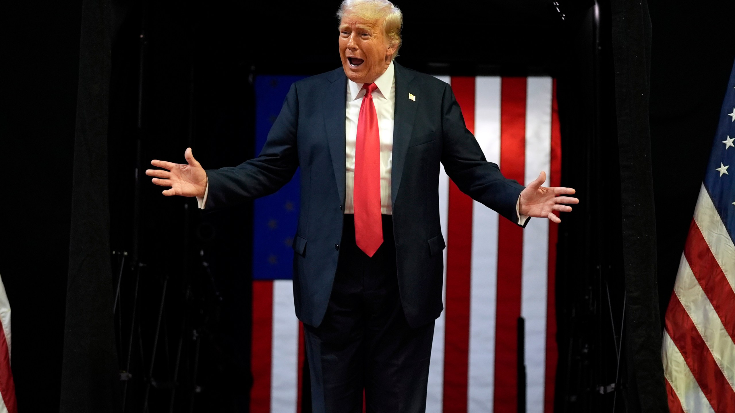 Republican presidential candidate former President Donald Trump arrives at a campaign rally, Saturday, July 20, 2024, in Grand Rapids, Mich. (AP Photo/Evan Vucci)