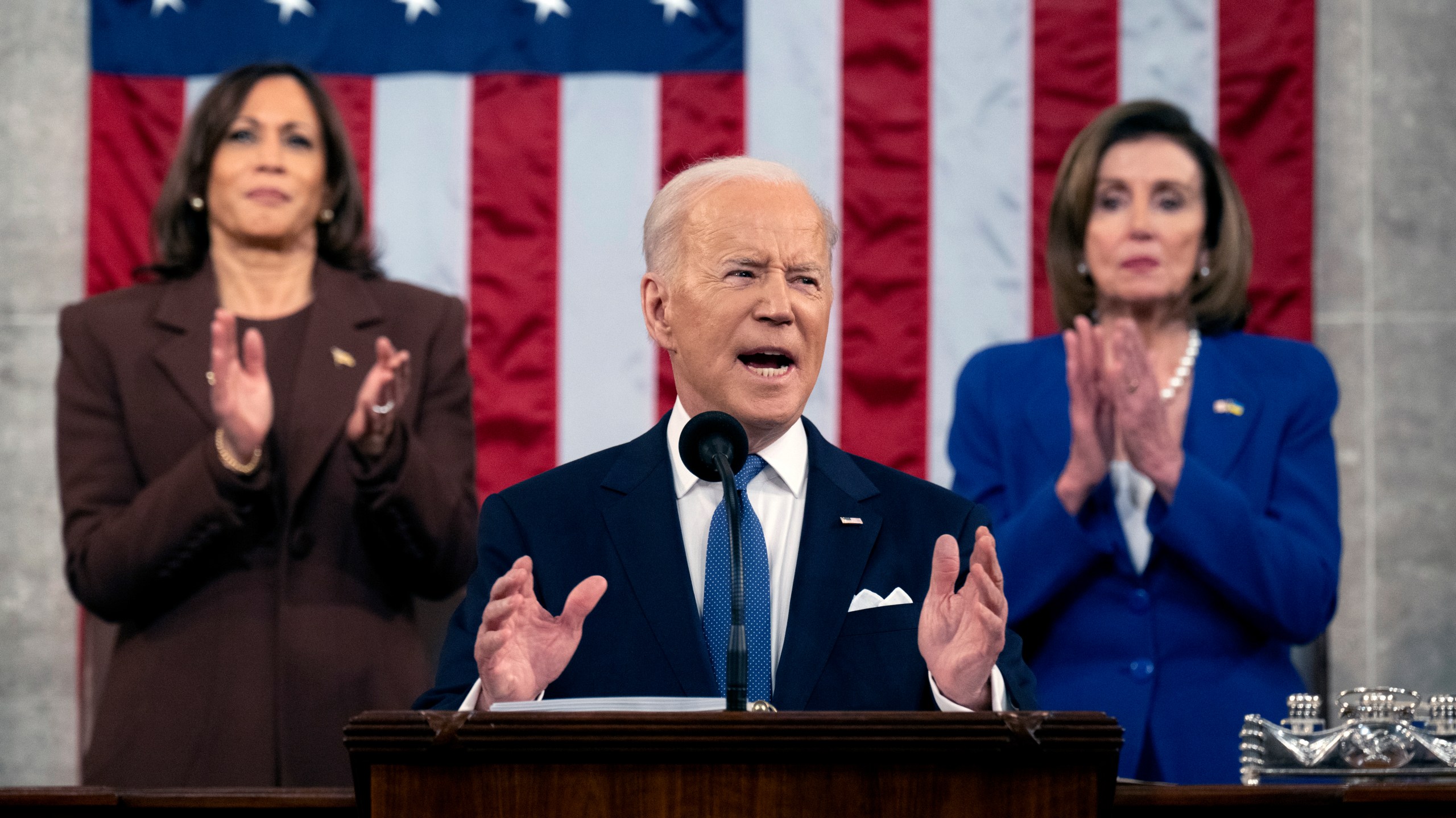 FILE - President Joe Biden delivers his State of the Union address to a joint session of Congress at the Capitol, March 1, 2022, in Washington. President Joe Biden dropped out of the 2024 race for the White House on Sunday, July 21, ending his bid for reelection following a disastrous debate with Donald Trump that raised doubts about his fitness for office just four months before the election. (Saul Loeb, Pool via AP, File)